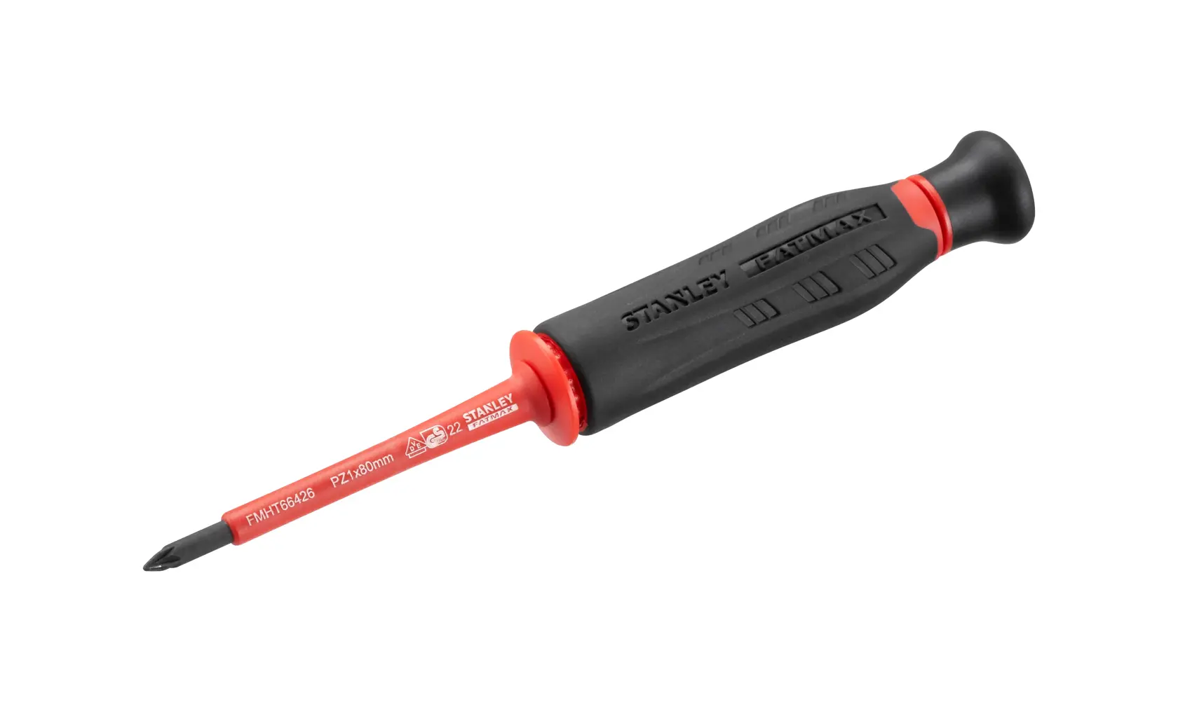 STANLEY FMHT66426-0 insulated screwdriver with black ergonomic handle, side angle on white background.