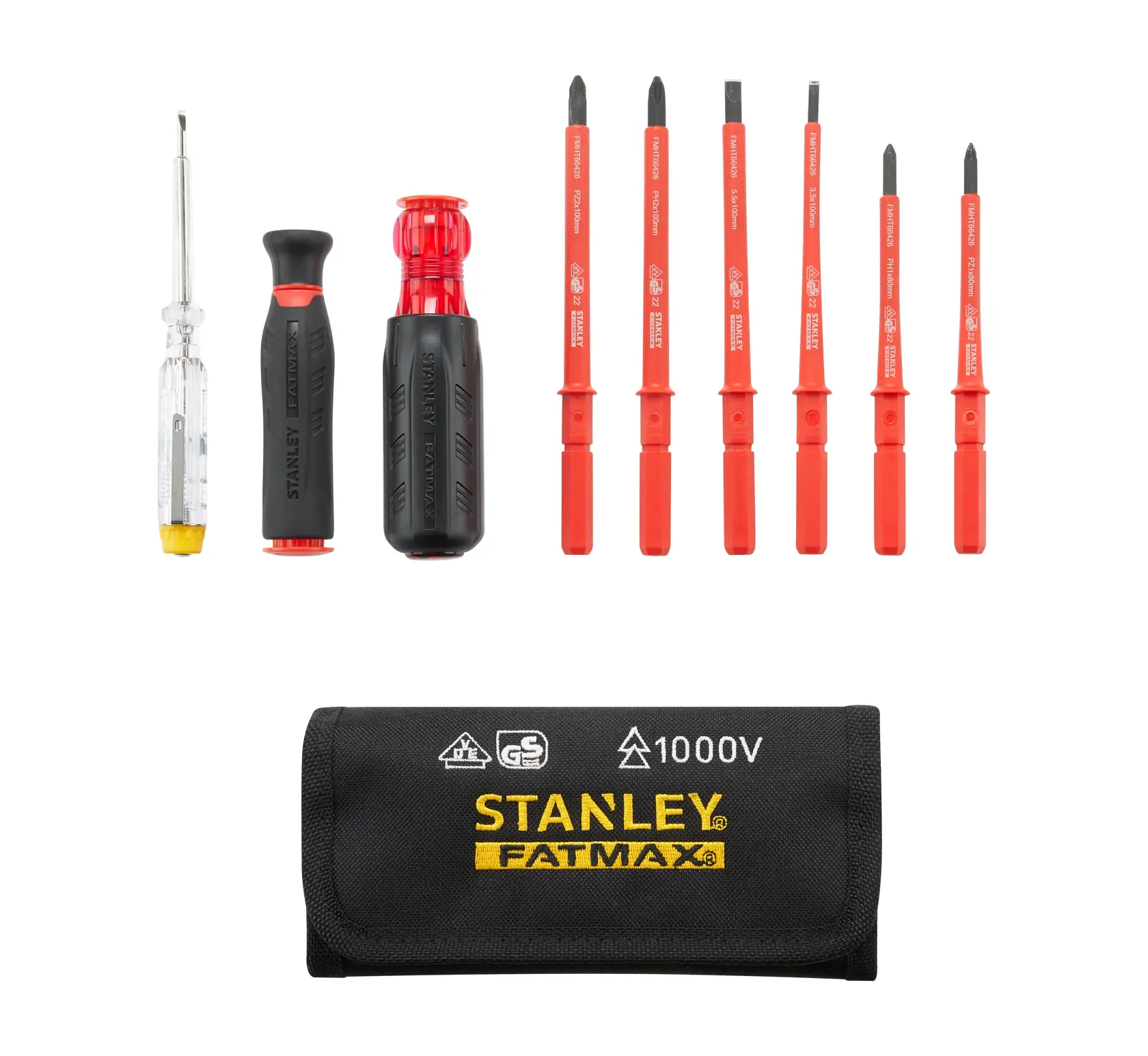 STANLEY FMHT66426-0 insulated screwdriver set with black nylon pouch, photographed from front on white background.