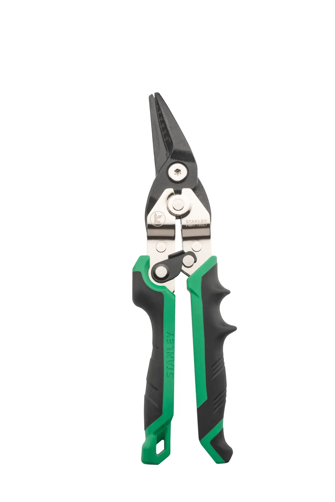 Stanley green and black aviation snips with ergonomic handles and metal blades on a white background.