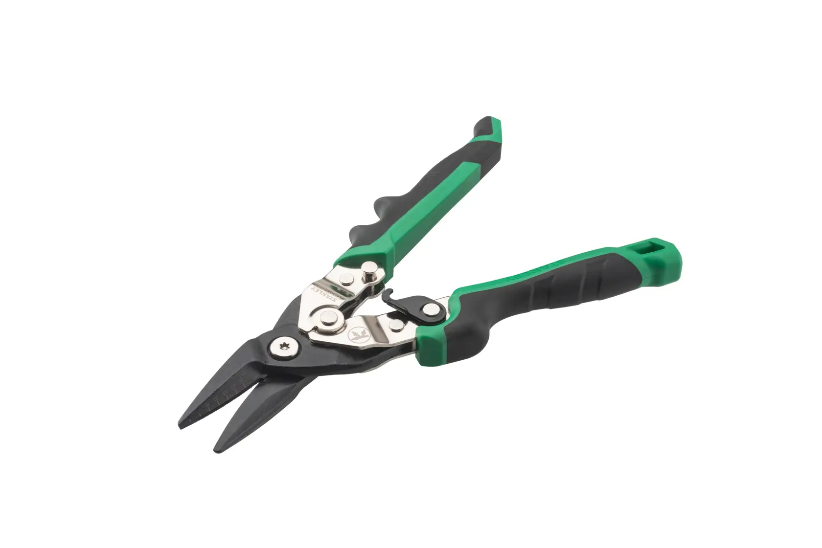 STANLEY FMHT73557-0 aviation snips with green handles cutting metal mesh, close-up in use.