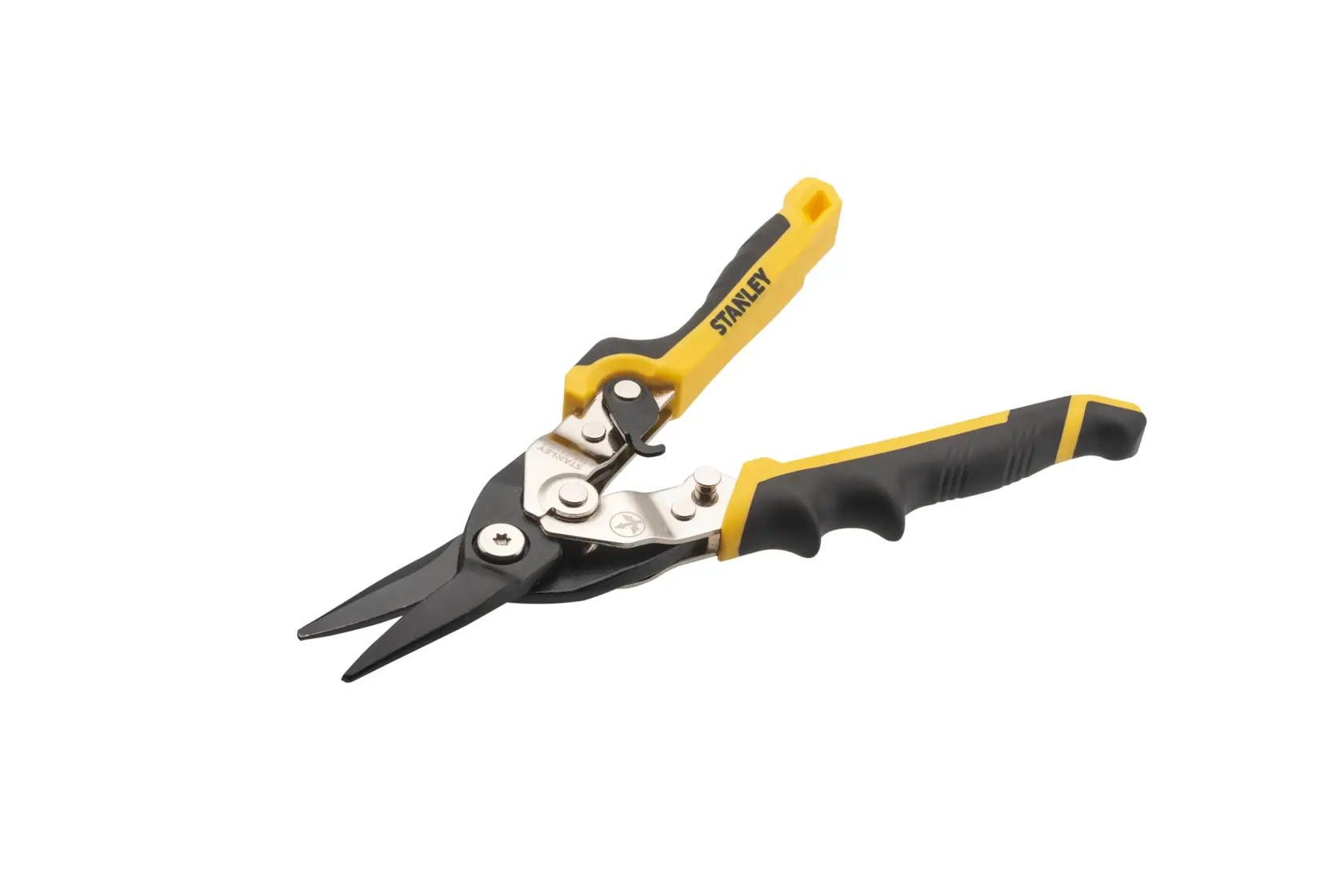 STANLEY FMHT73756 aviation snips with black blades, yellow and black ergonomic handles, angled on white background.