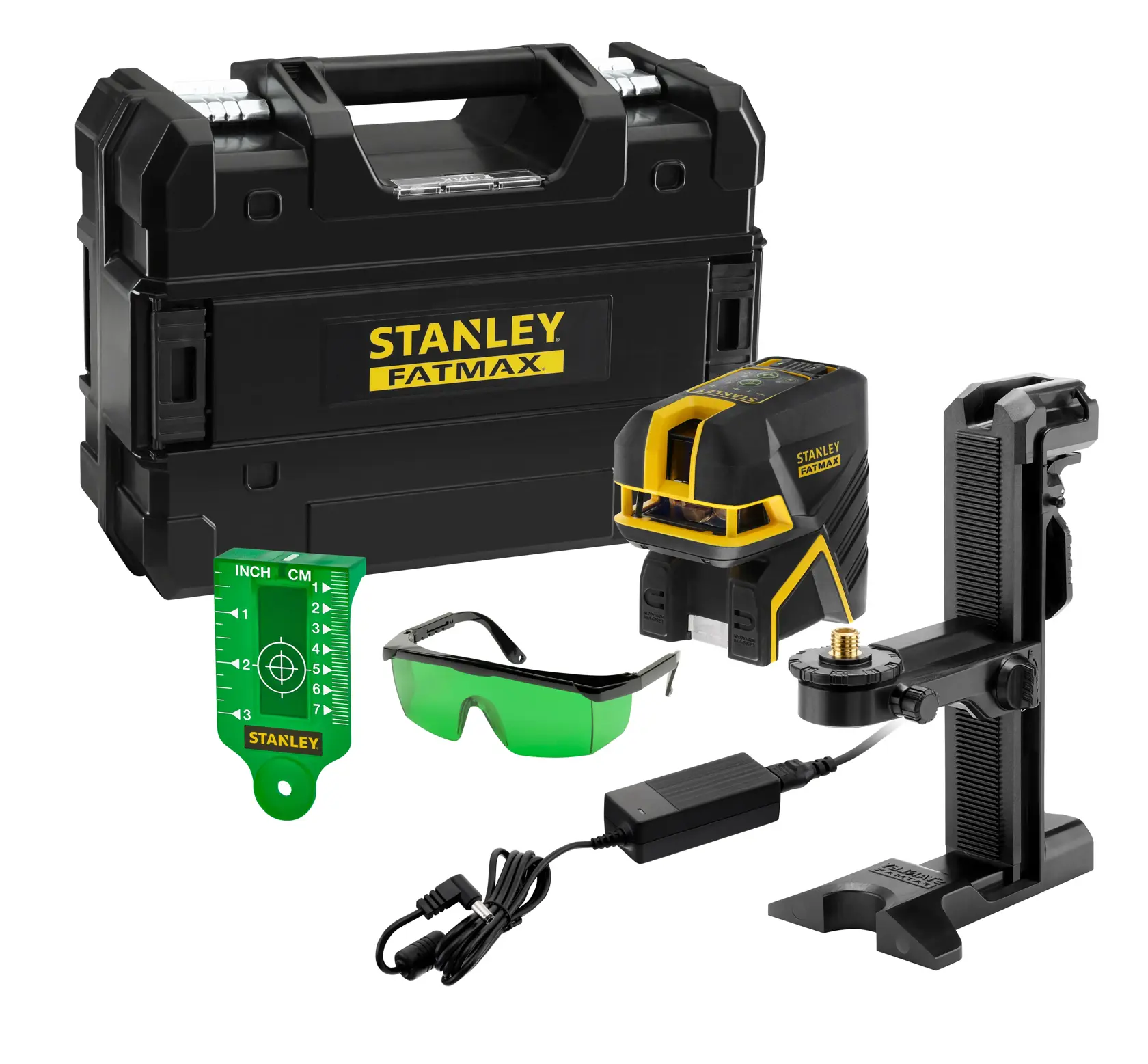STANLEY FMHT77597-1 laser level kit with black case, mount, charger, target plate, and green safety glasses, front angle.