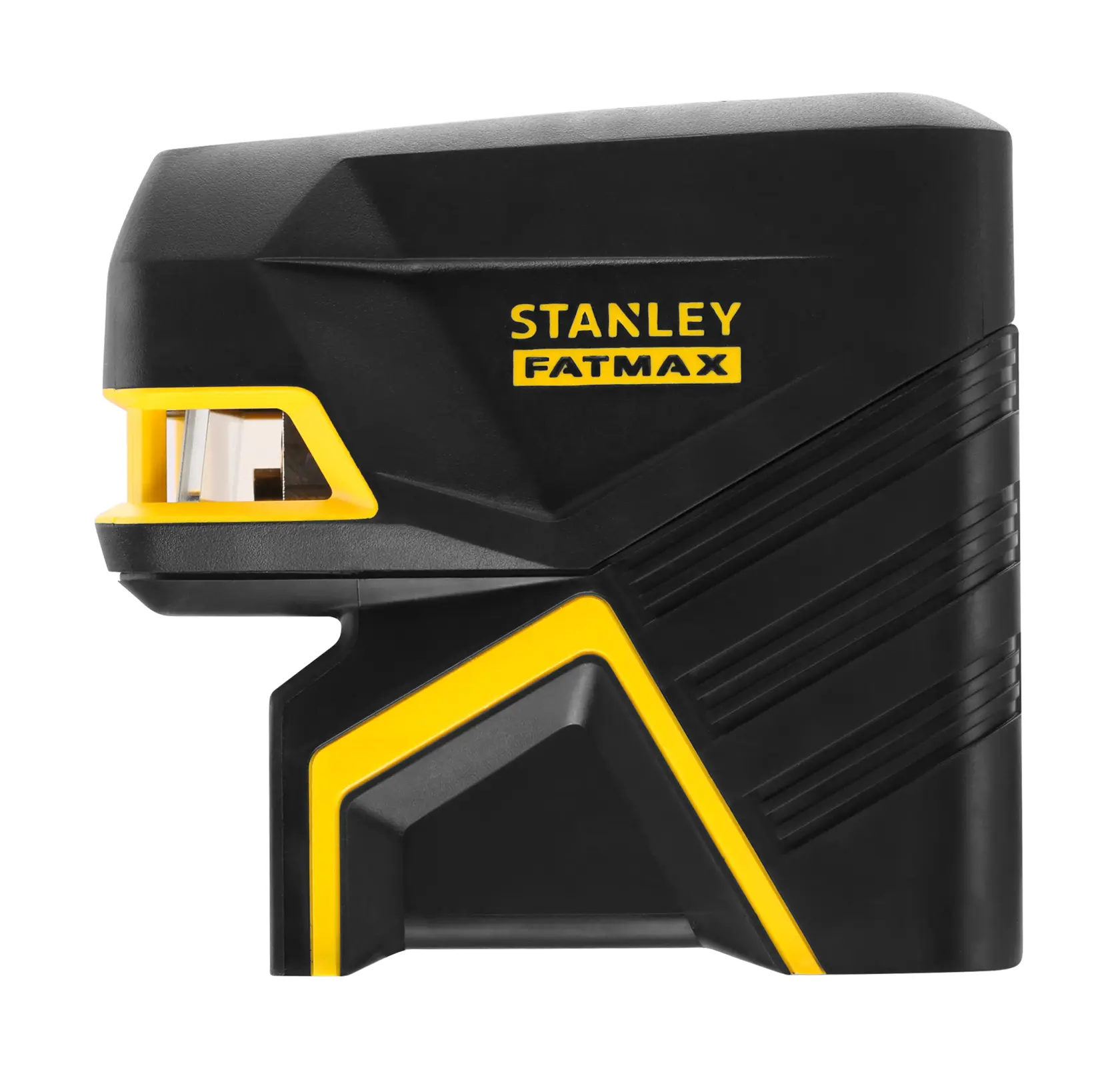 STANLEY FMHT77597-1 black and yellow laser level, side view, with FATMAX branding and modern design.