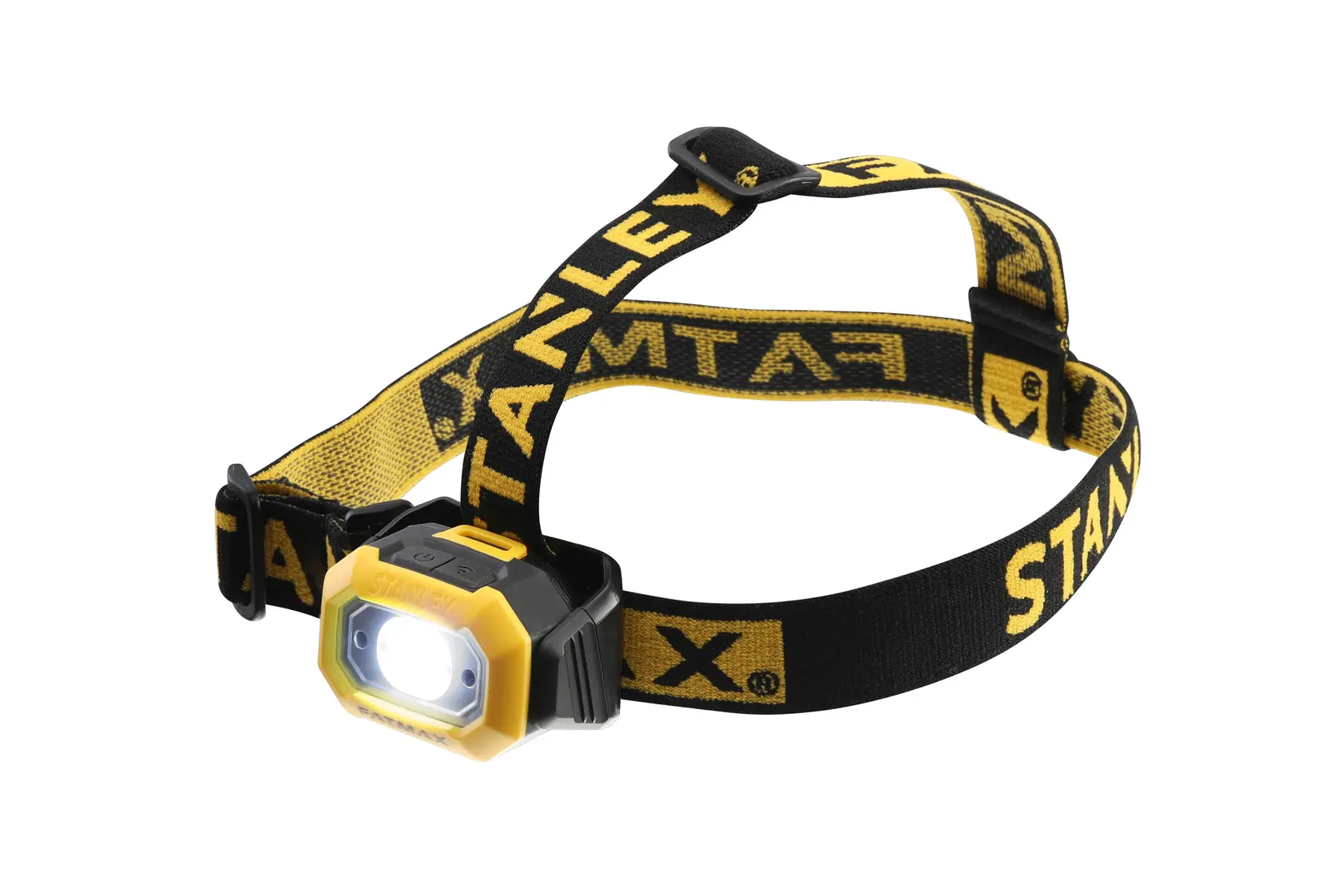 STANLEY FMHT81509-0 yellow and black headlamp with adjustable strap, front angle on white background.