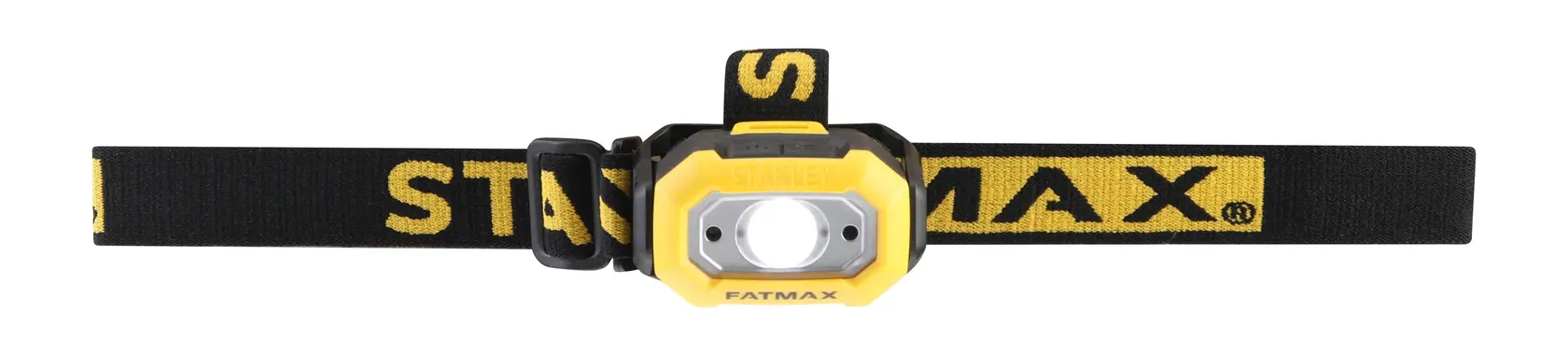 STANLEY FMHT81509-0 yellow and black headlamp with adjustable elastic strap, front view on white background.