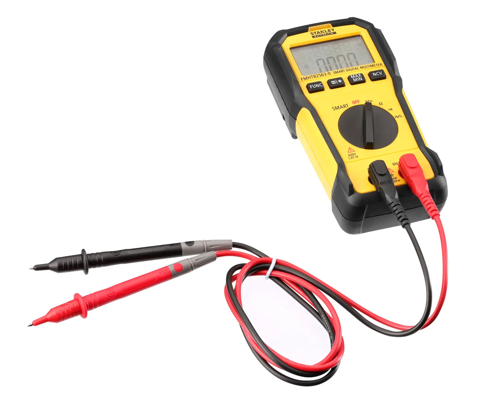 Stanley yellow digital multimeter with black and red probes, used for measuring electrical values.