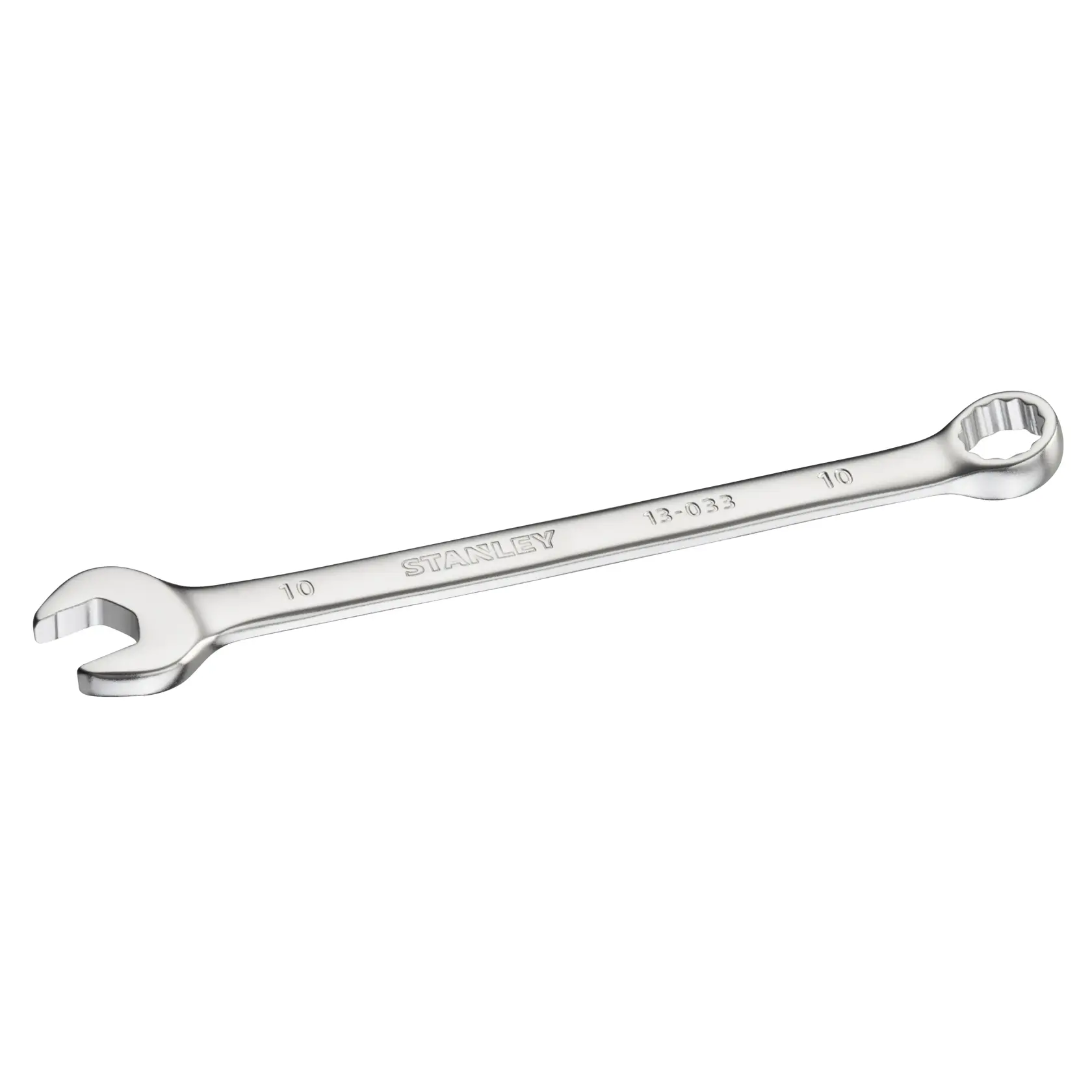 STANLEY FMMT13033-0 combination wrench in silver finish, 10 mm size, product photo from angled top view.