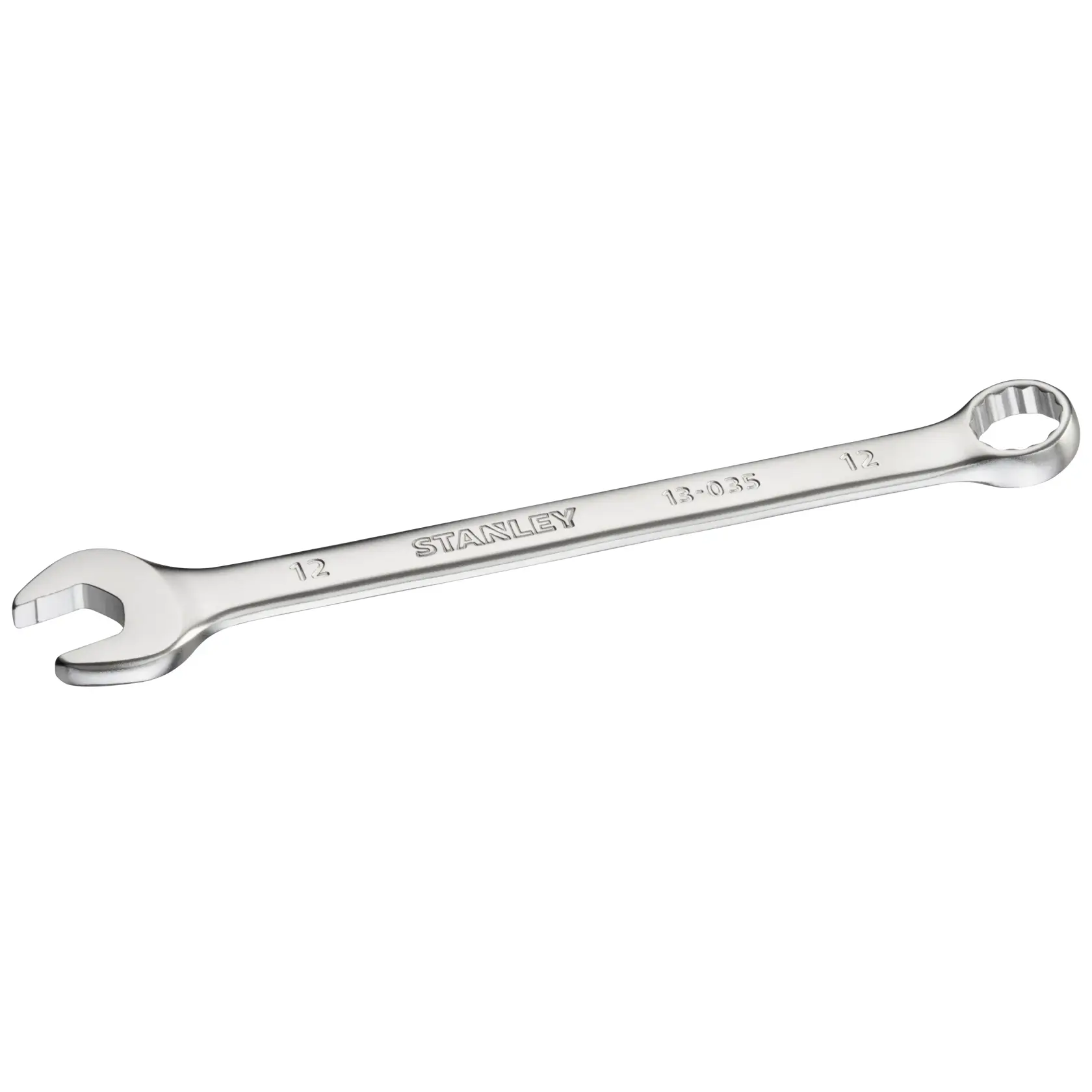 Photo of STANLEY FMMT13035-0 combination wrench, chrome finish, on white background.