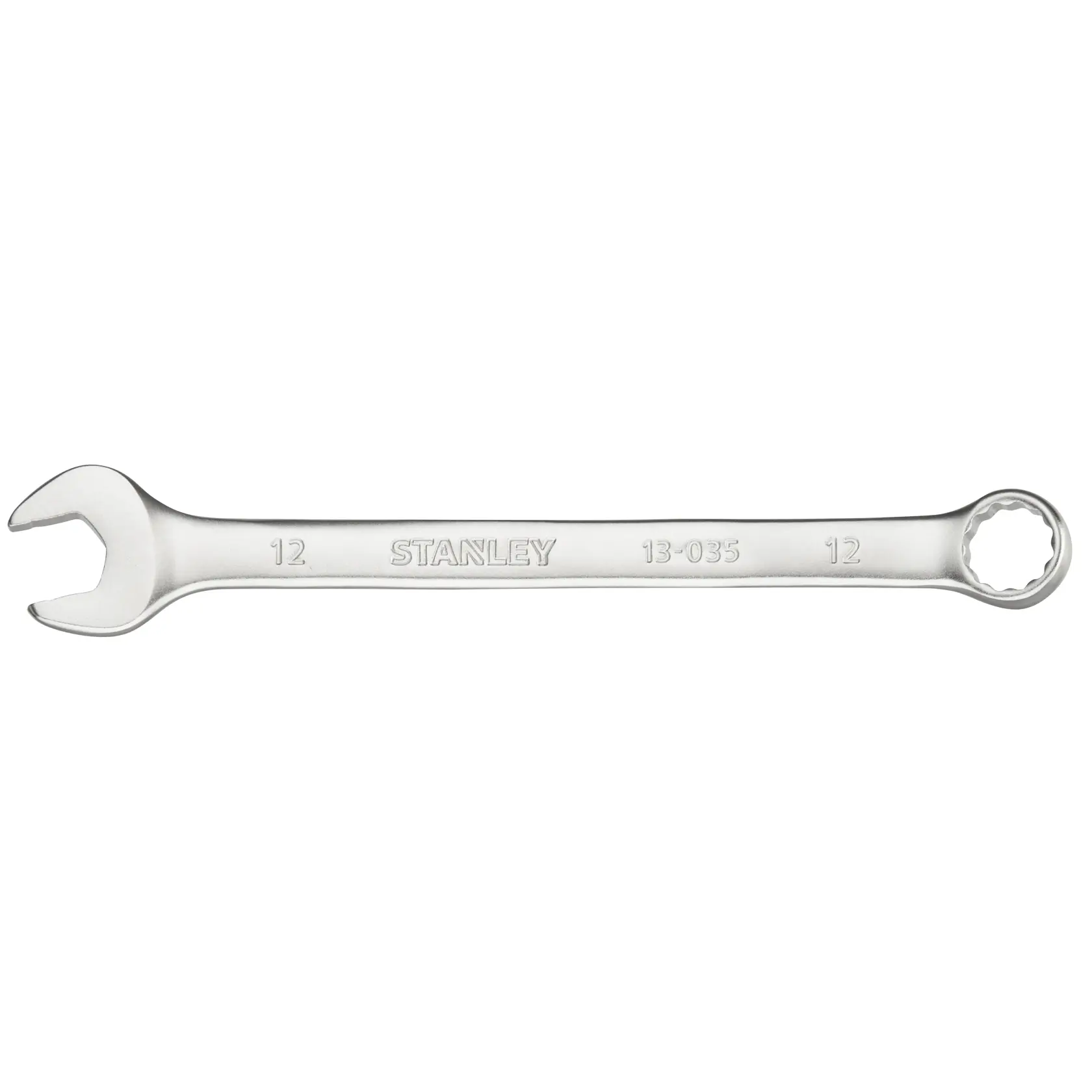 STANLEY FMMT13035-0 combination wrench with open and box ends, silver finish, top angle on white background.