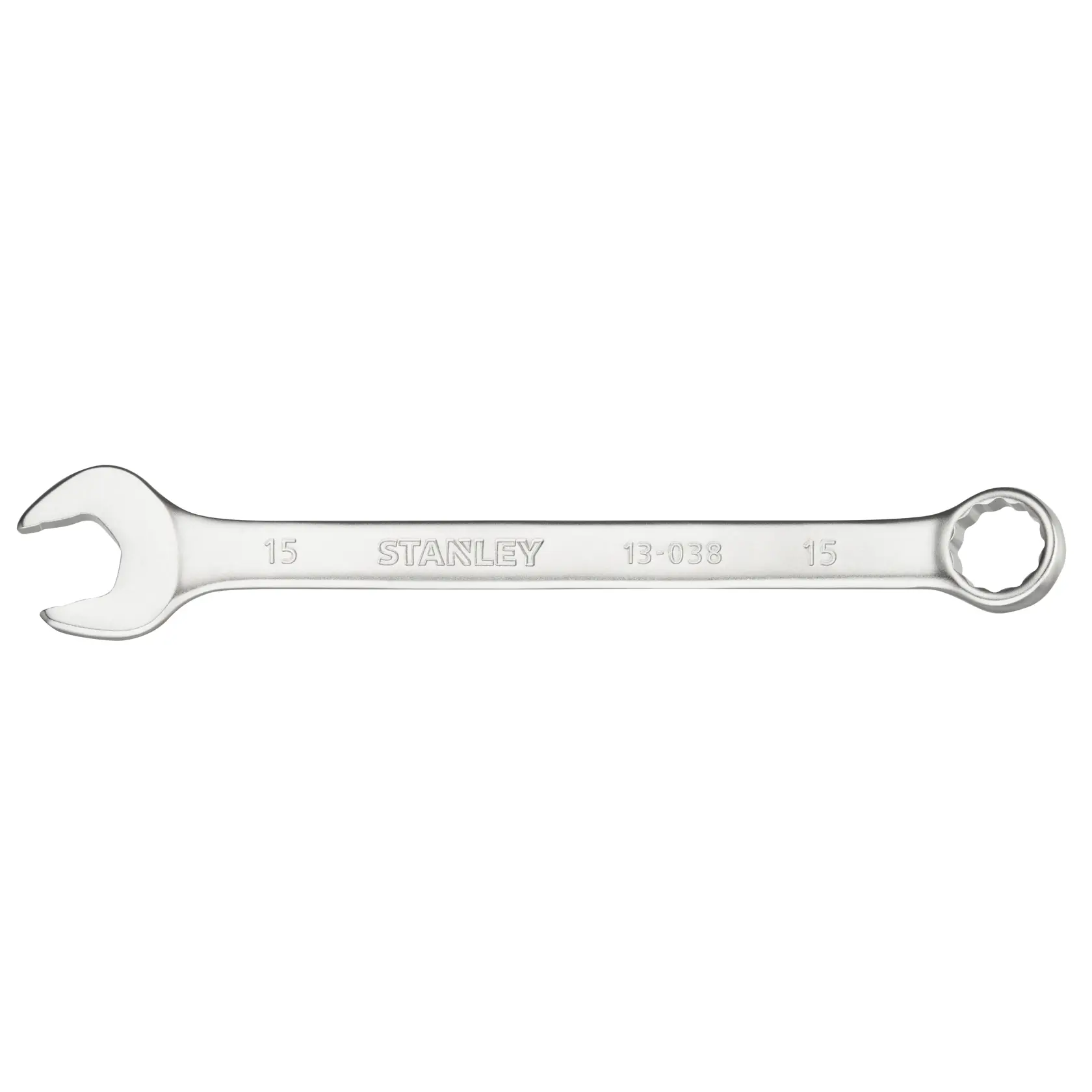 Photo of STANLEY FMMT13038-0 combination wrench, silver, 15mm, flat on white background.