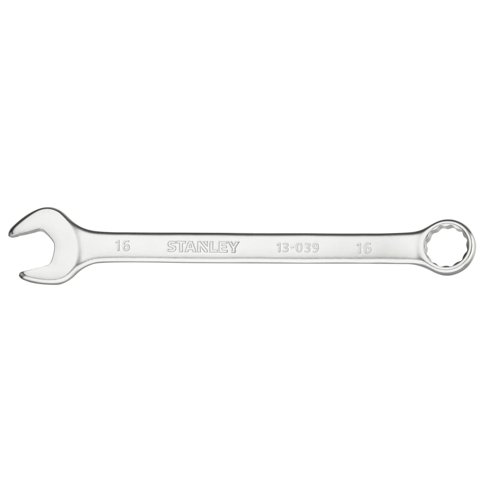 Photo of STANLEY FMMT13039-0 combination wrench, silver, 16mm, front angle on white background.