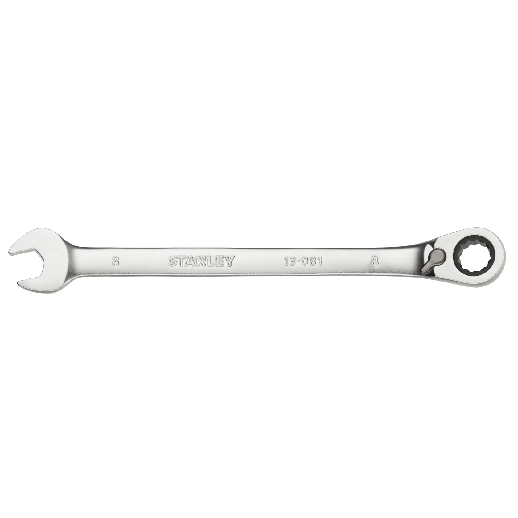 STANLEY FMMT13081-0 combination wrench, silver, photography, front angle, open and ratcheting ends visible.