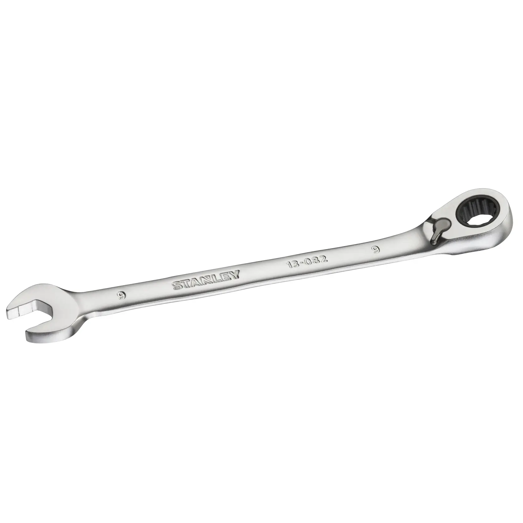 Photo of STANLEY FMMT13082-0 ratcheting combination wrench, silver, top angle, hand tool category.