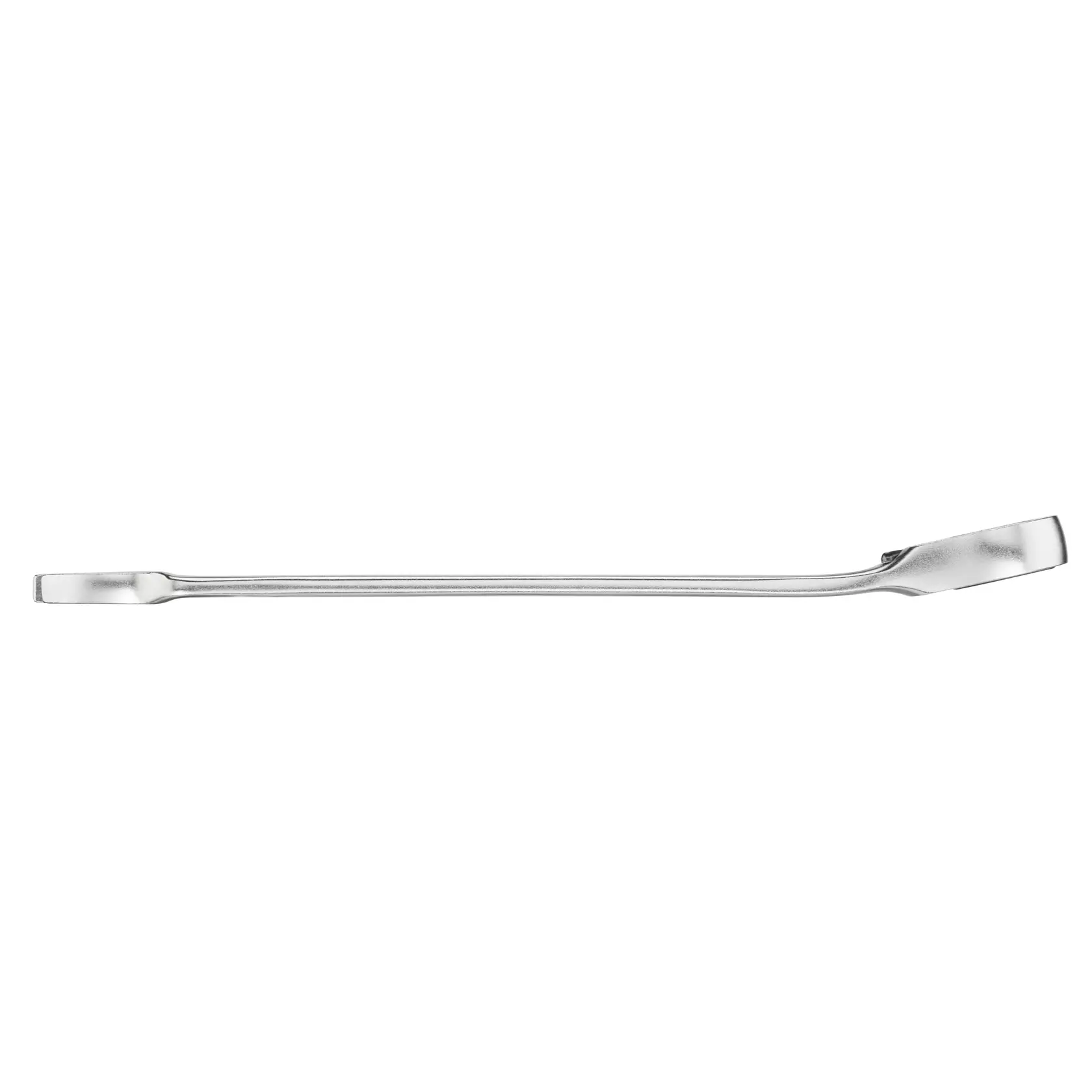 STANLEY FMMT13083-0 flat pry bar, silver metal, side view on white background.