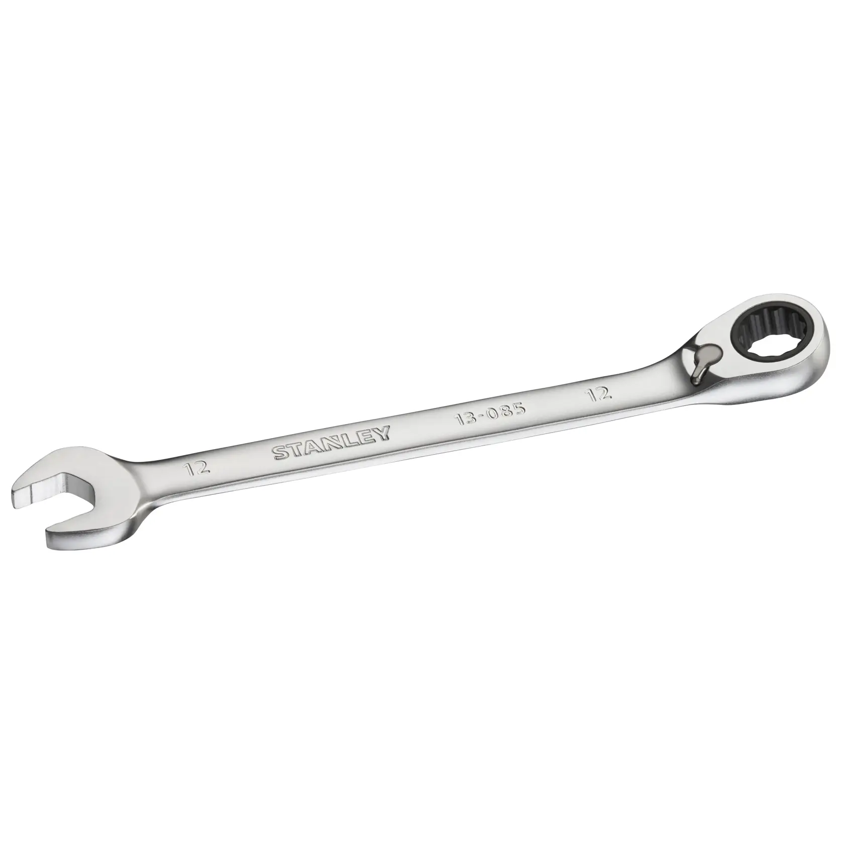 Photo of STANLEY FMMT13085-0 chrome ratcheting combination wrench, front angle on white background.