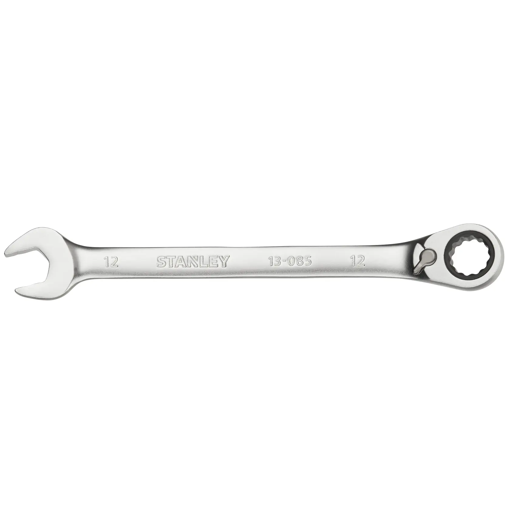 STANLEY FMMT13085-0 combination ratcheting wrench, silver, top angle, hand tool photography.