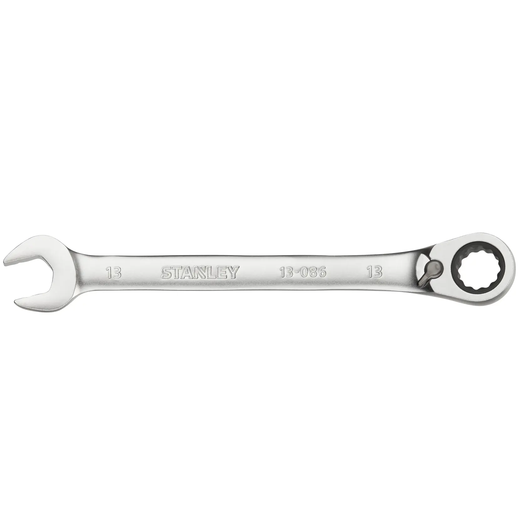 Stanley FMMT13086-0 combination wrench, silver finish, open and ratcheting box end, side angle, hand tool.