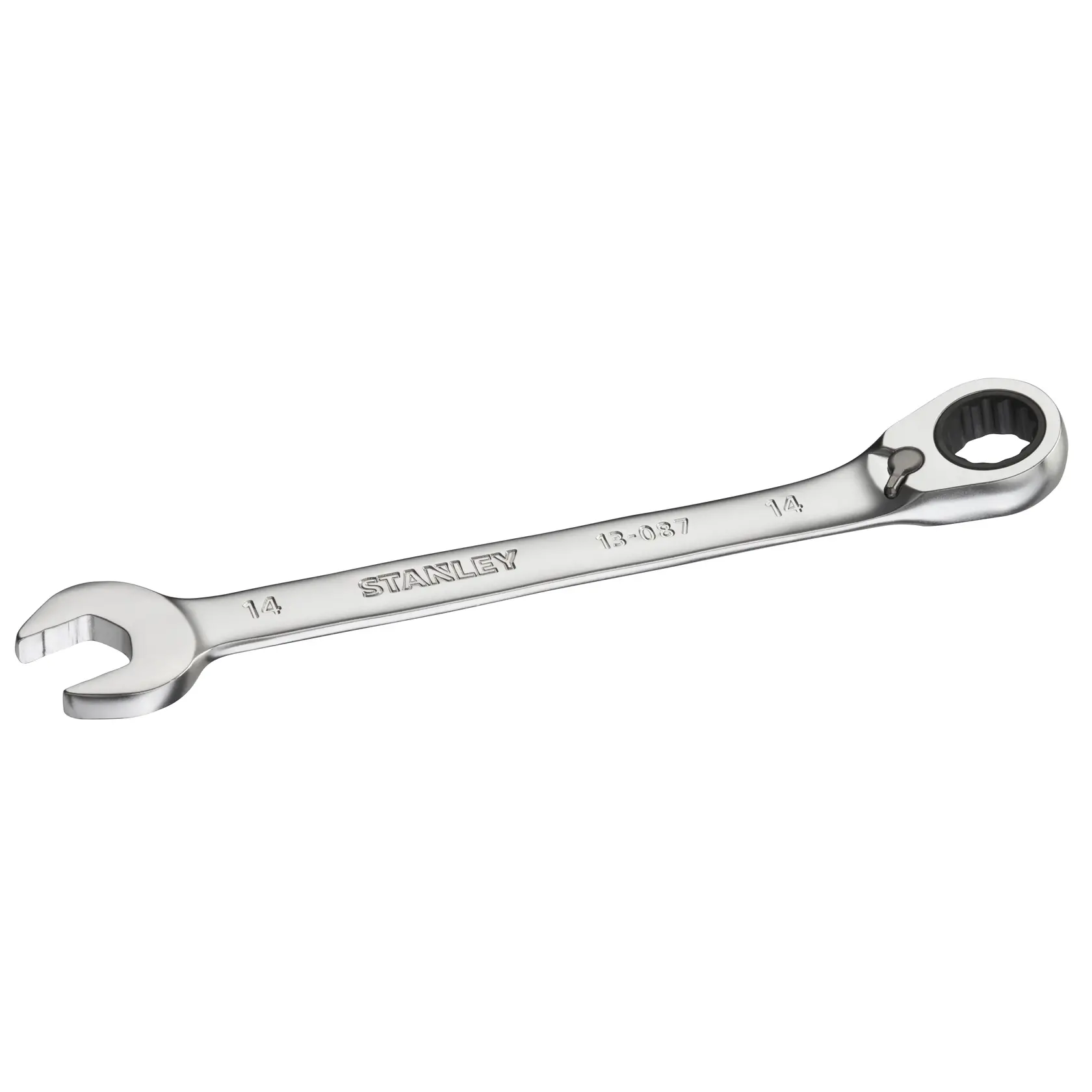 STANLEY FMMT13087-0 ratcheting combination wrench, 14mm, metal, side angle on white background.