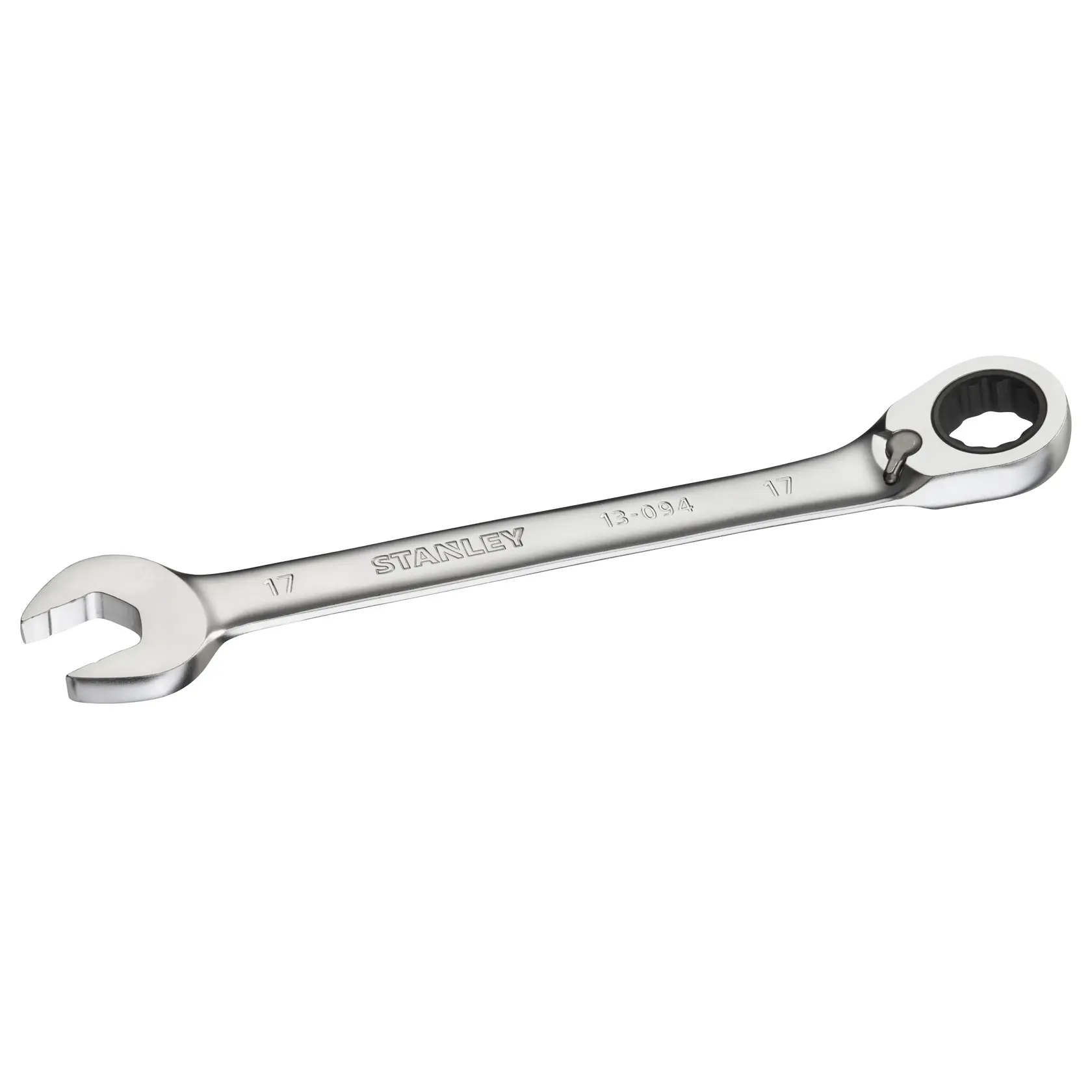 Stanley FMMT13094-0 chrome combination ratcheting wrench 17mm, product photo on white background.