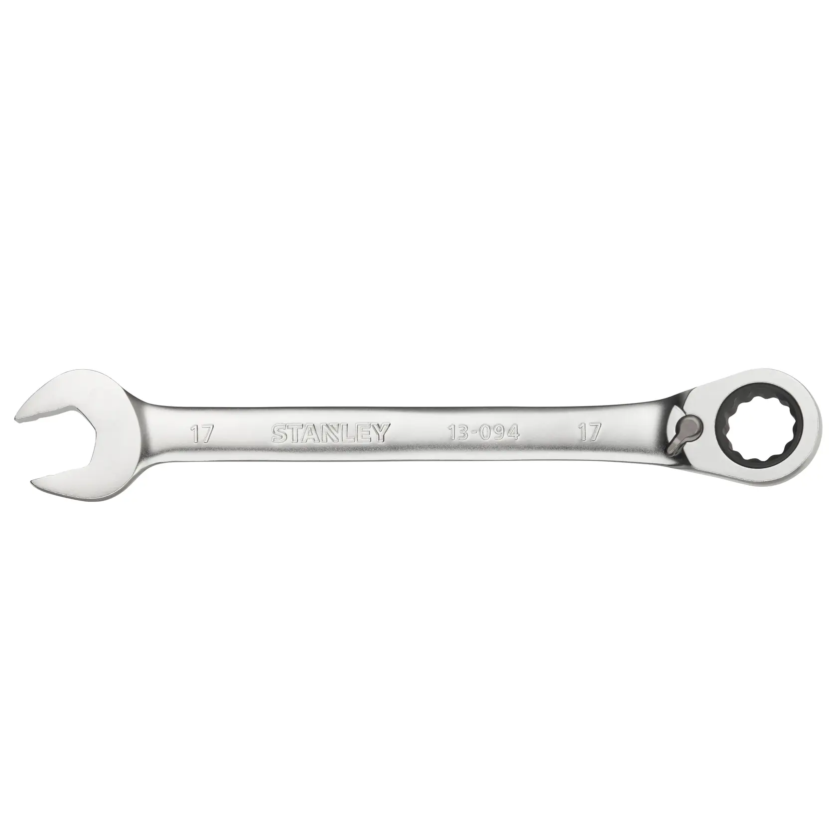 STANLEY FMMT13094-0 ratcheting combination wrench, 17mm, silver, side view on white background.