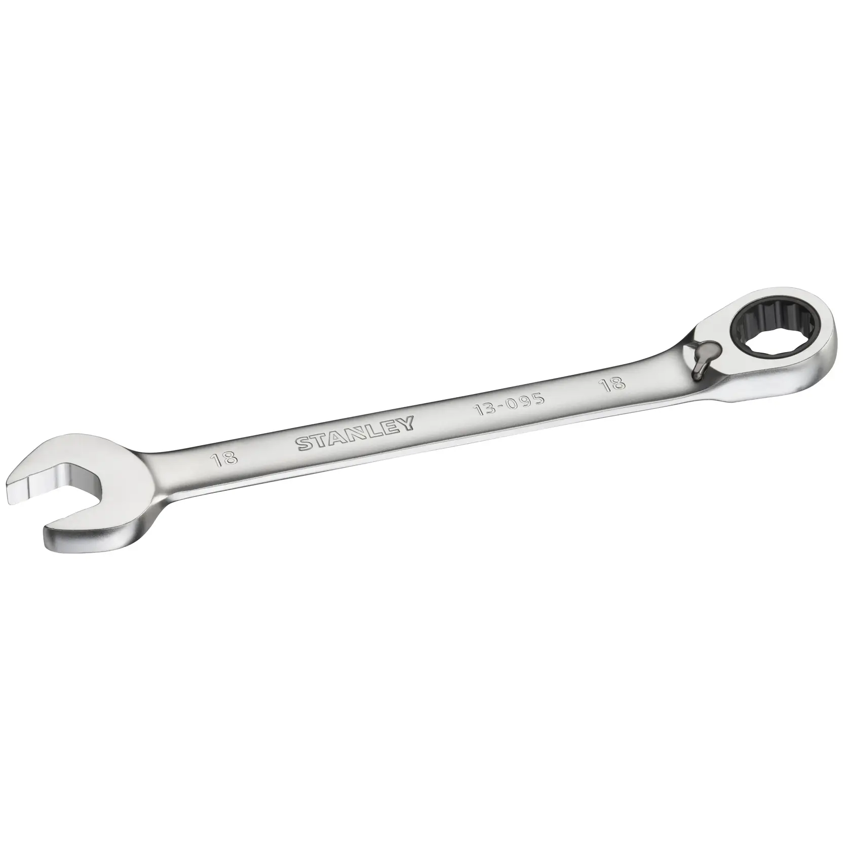 Photo of STANLEY FMMT13095-0 chrome ratcheting combination wrench on white background.