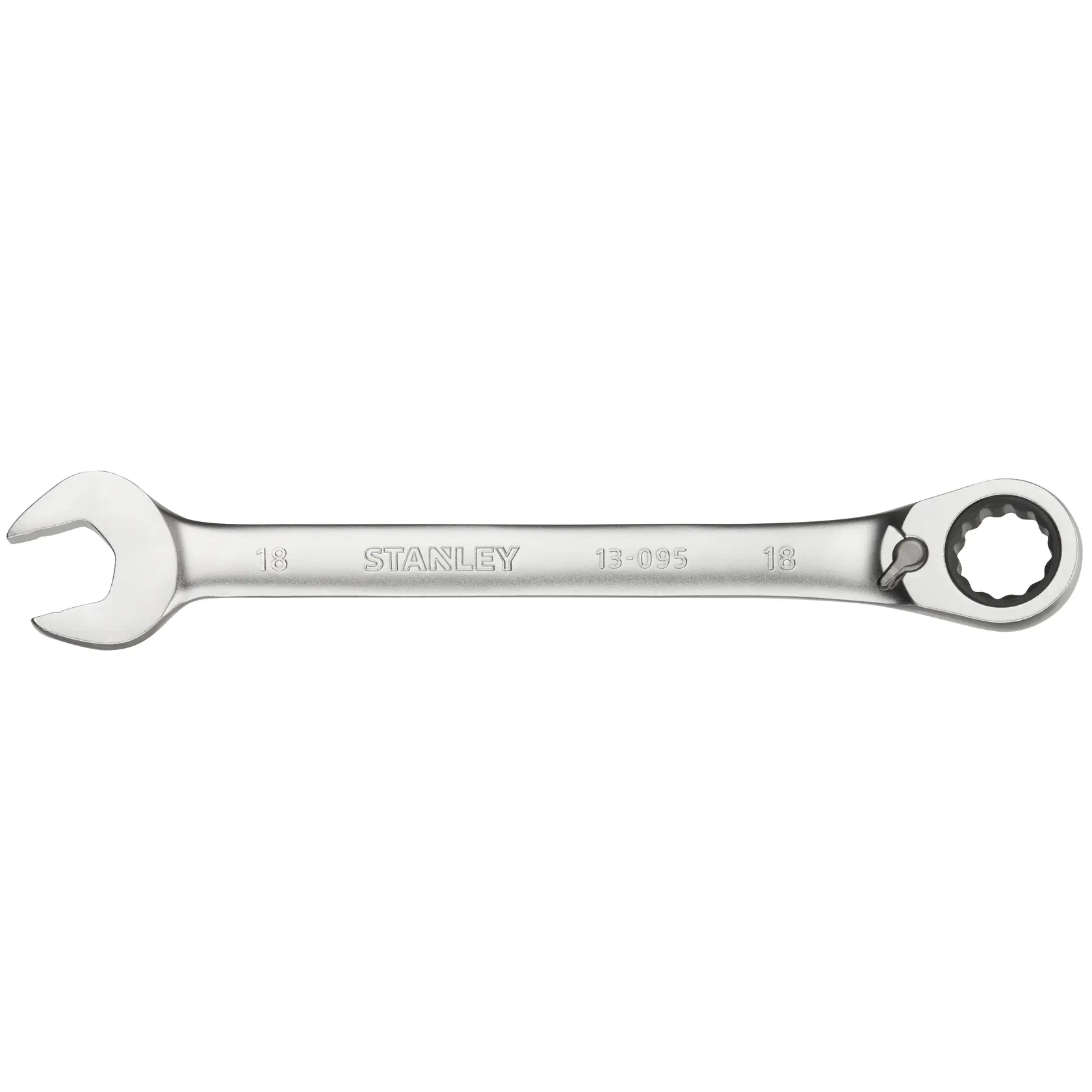 STANLEY FMMT13095-0 ratcheting combination wrench, silver, flat side view on white background.