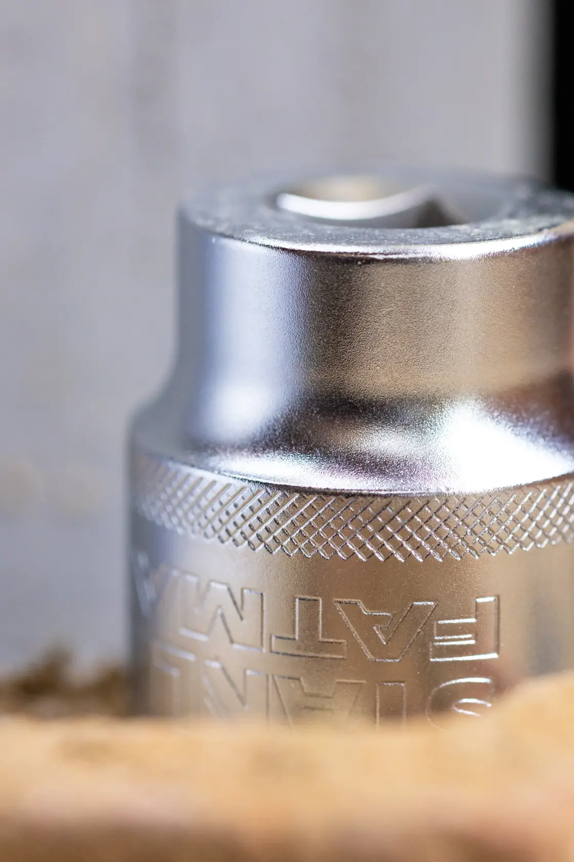 Photo of STANLEY FMMT17186-0 chrome socket tool, close-up showing textured grip and engraved branding.
