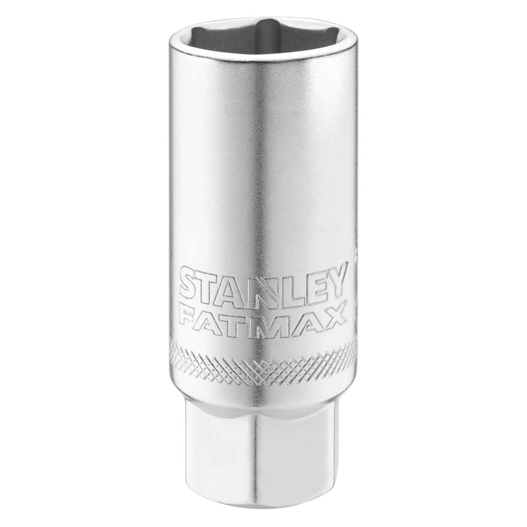 Photo of STANLEY FMMT17226-0 chrome socket, engraved with STANLEY FATMAX logo, front angle on white background.