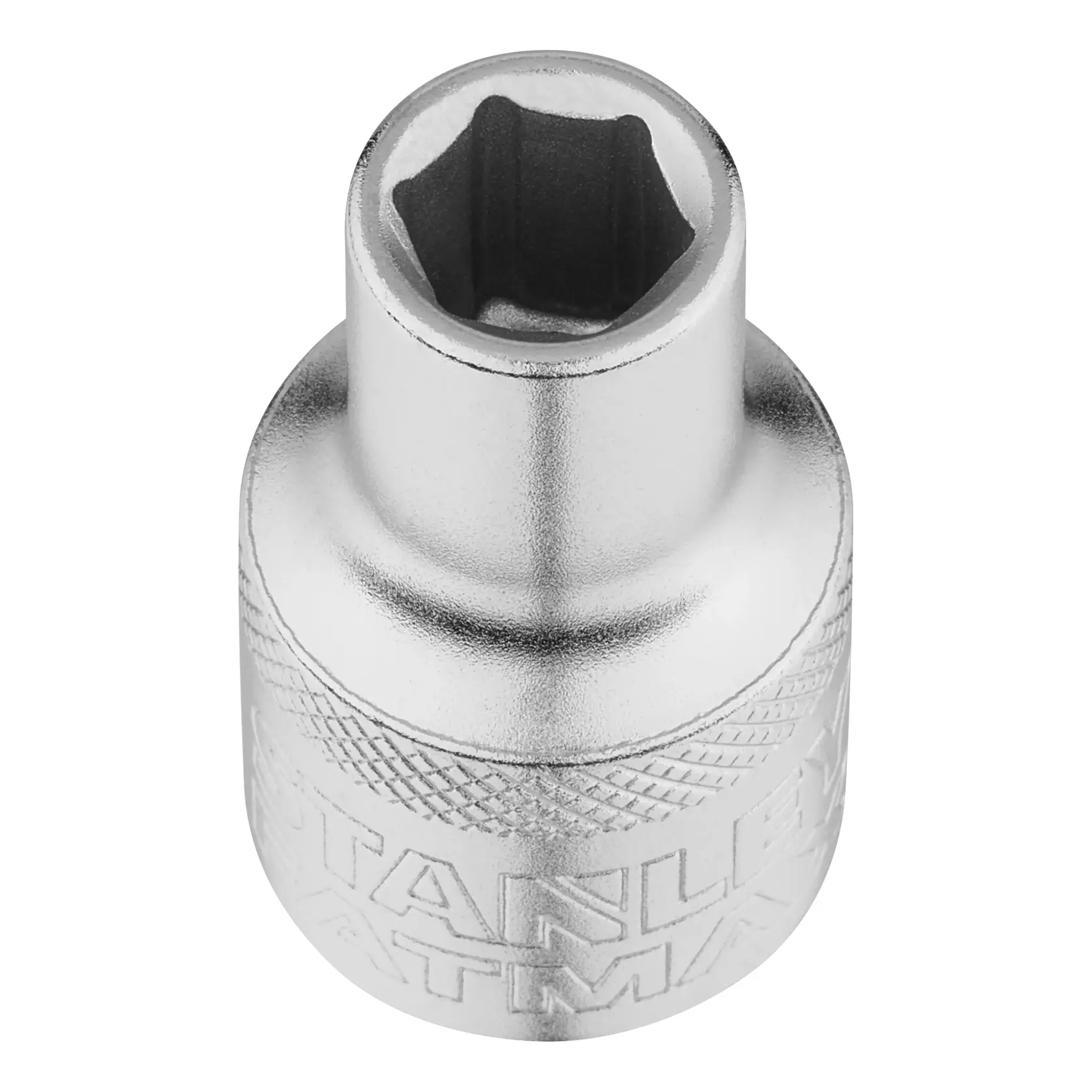 STANLEY FMMT17228-0 chrome finish socket, front angle, compact size with knurled grip.