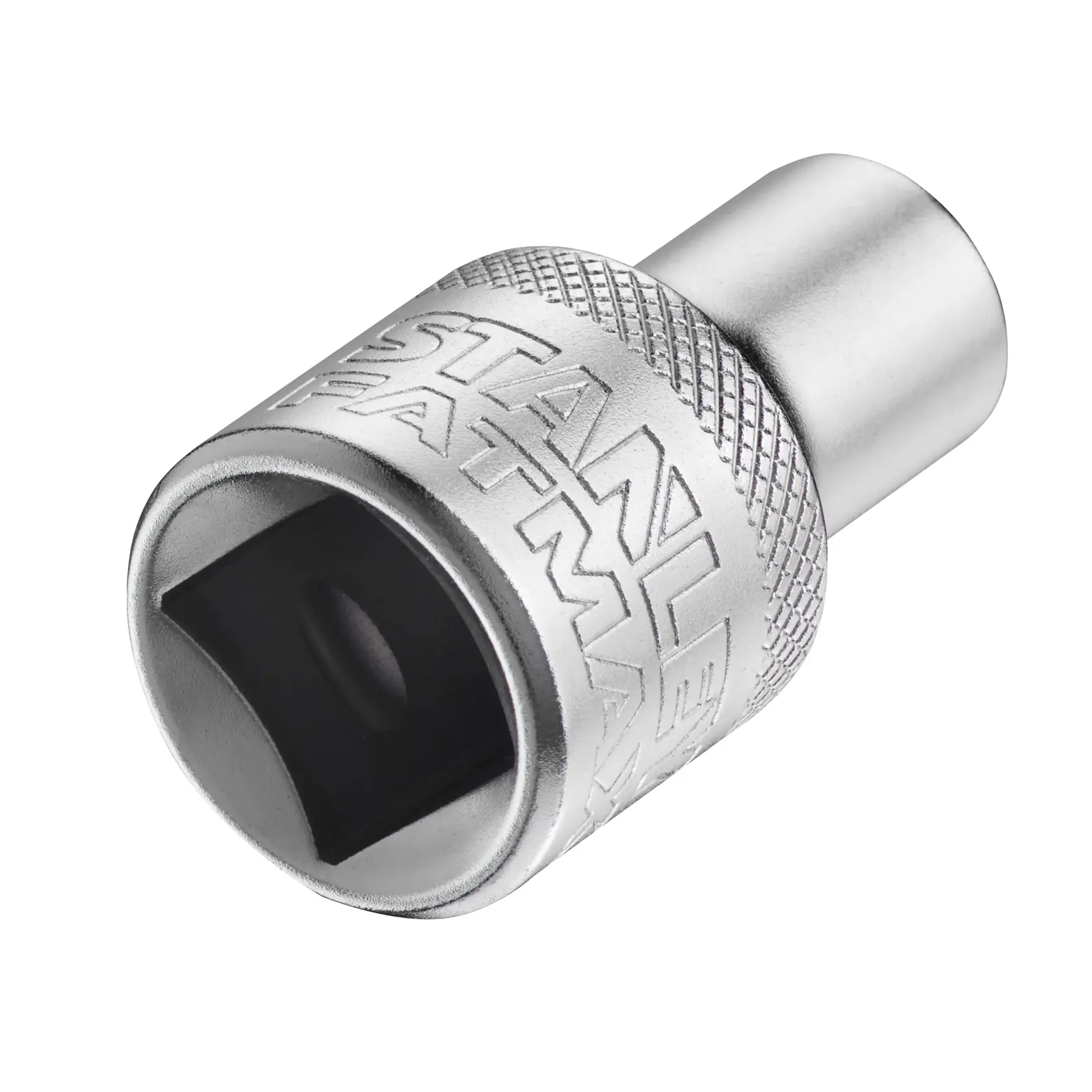 STANLEY FMMT17228-0 chrome socket adapter, knurled grip, close-up angled on white background.