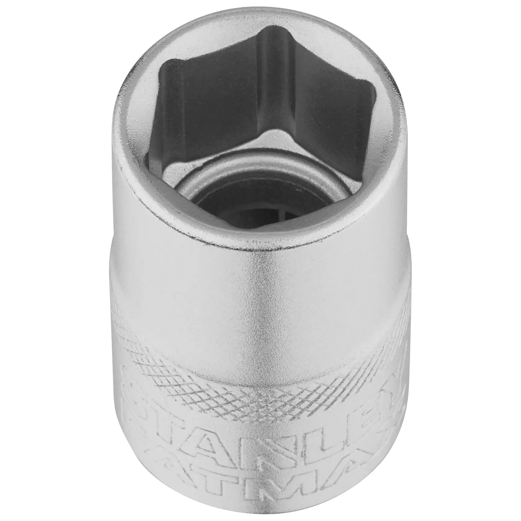 STANLEY FMMT17235-0 chrome socket, top angle, silver finish, hexagonal opening, hand tool accessory.