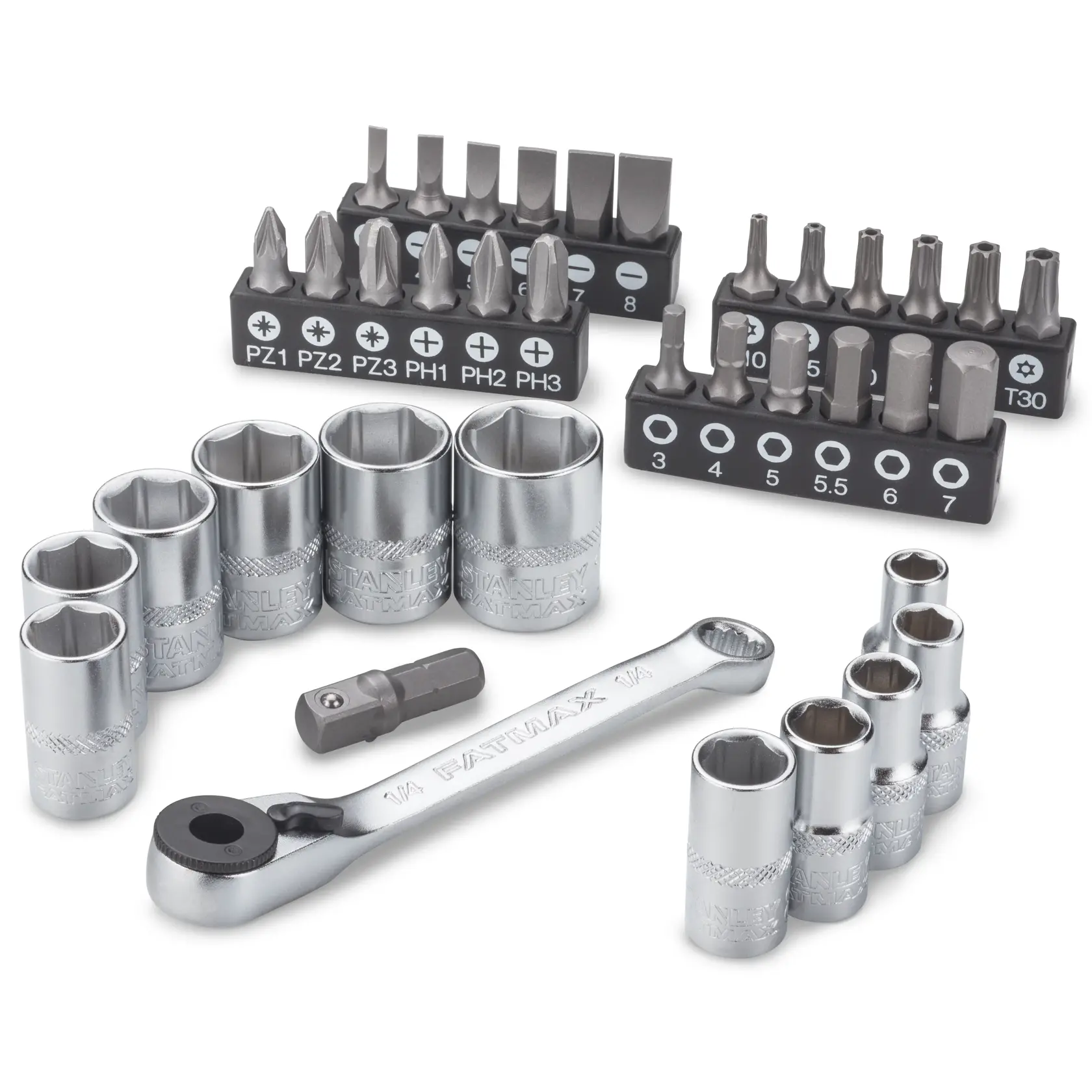 STANLEY FMMT19101-0 socket and bit set with ratchet, view from above on white background.