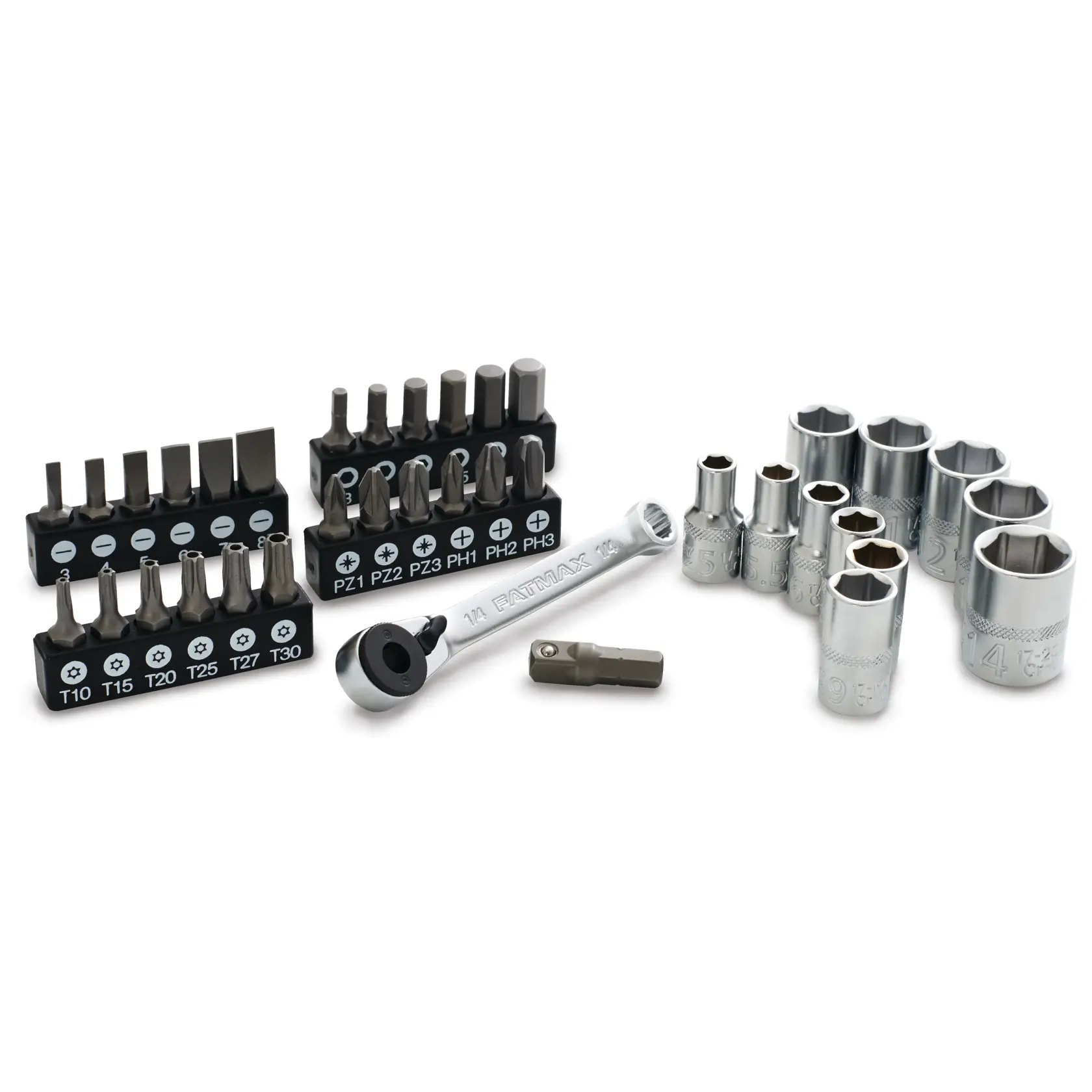 STANLEY FMMT19101-0 ratchet socket and bit set, silver and black, front angle on white background.