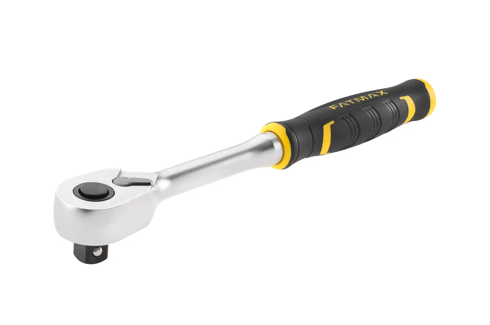 STANLEY FMMT82676-0 ratchet wrench with black and yellow ergonomic handle, side angle on white background.