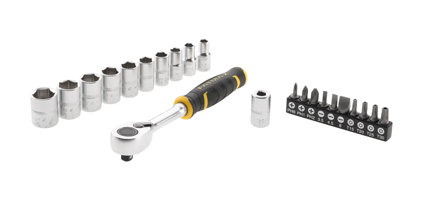 STANLEY FMMT82679-0 socket and bit set with ratchet handle, twelve sockets, and ten screwdriver bits, front angle.
