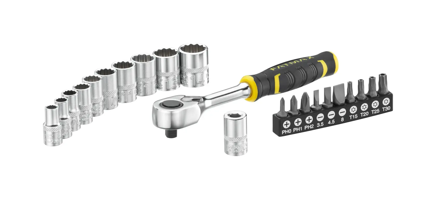 STANLEY FMMT82679-0 ratchet set with black and yellow handle, sockets, and multiple screwdriver bits, front angle.