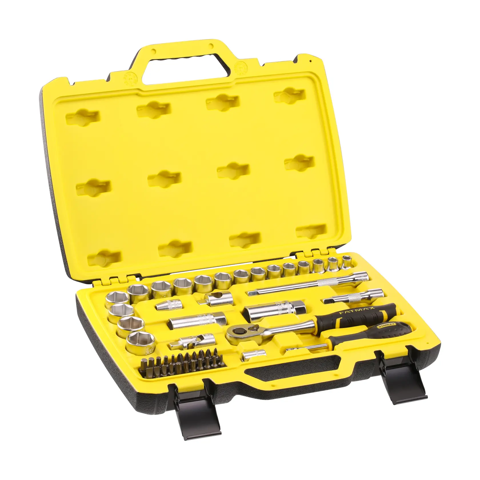 STANLEY FMMT82684-1 socket and bit set in yellow hard case, shown at an angle with lid open.
