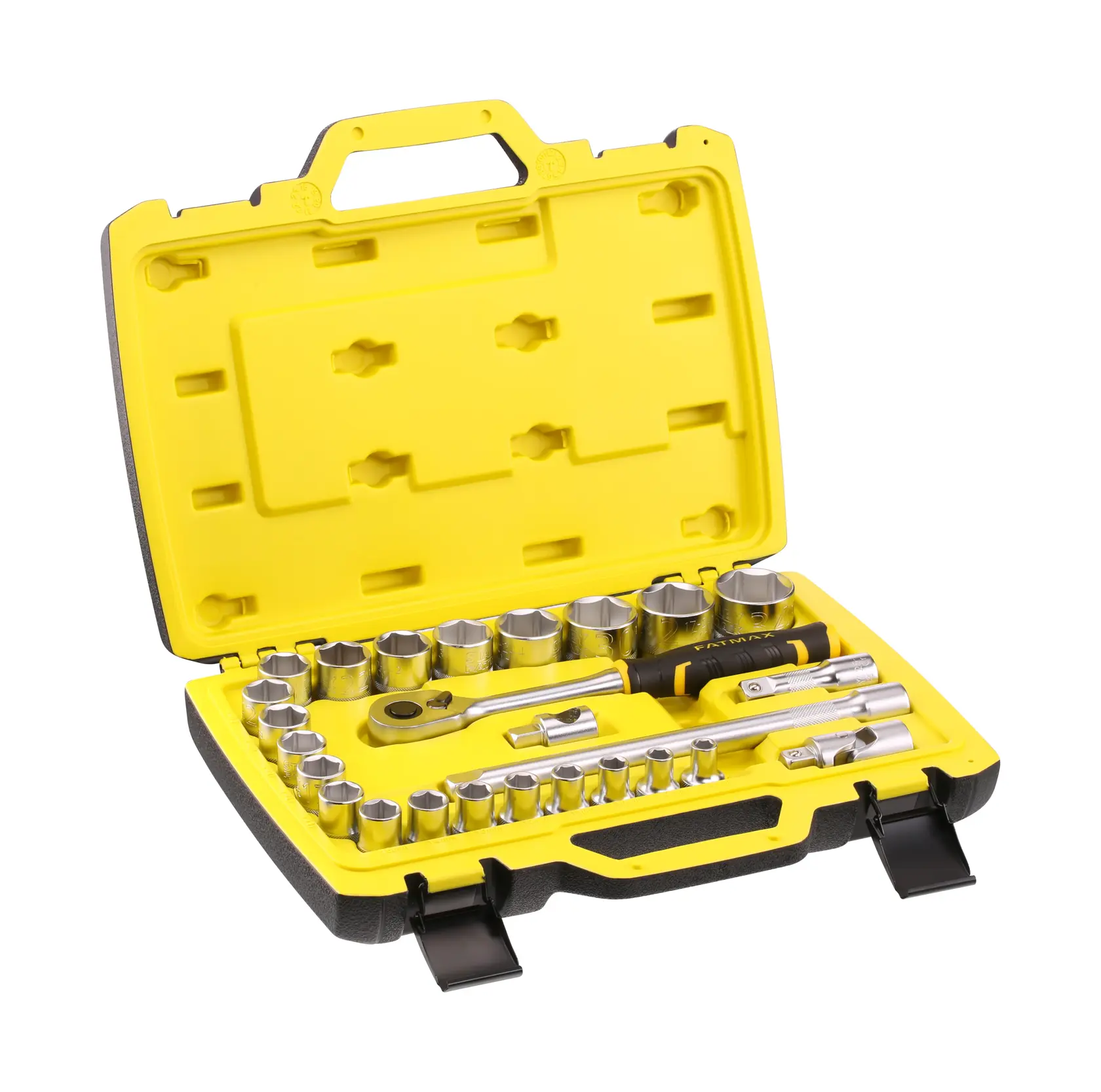 STANLEY FMMT82685-1 socket wrench set in yellow hard case, photo from front angle showing all pieces organized.