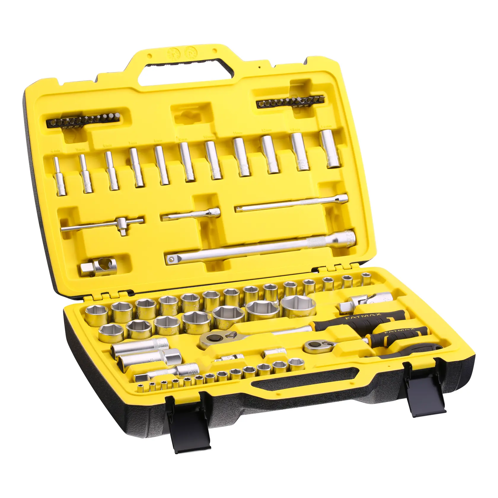 STANLEY FMMT82826-1 socket and ratchet set in yellow carrying case, angled view on white background.