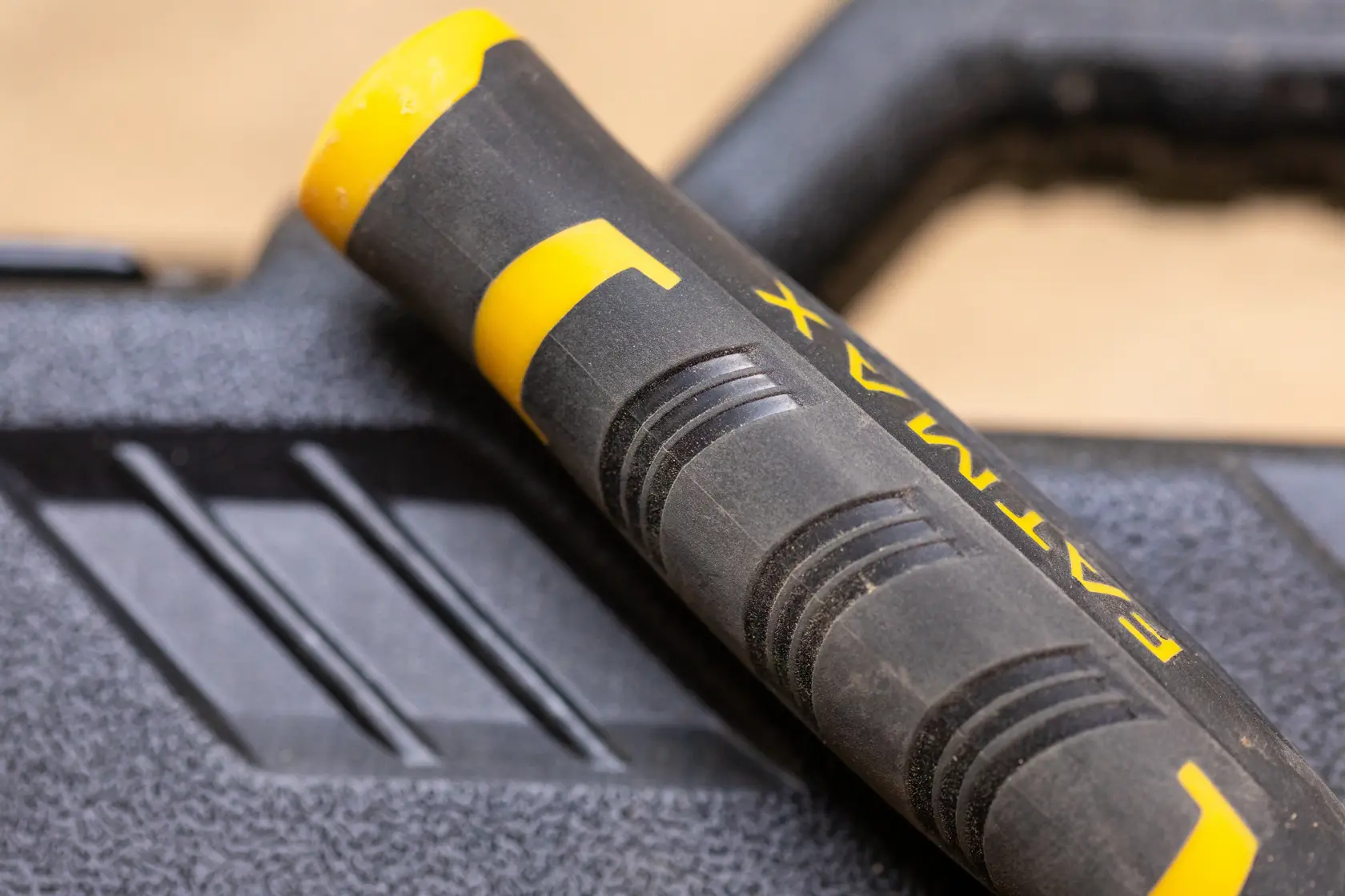STANLEY FMMT82826-1 black and yellow textured tool handle, close-up angle, photography category.