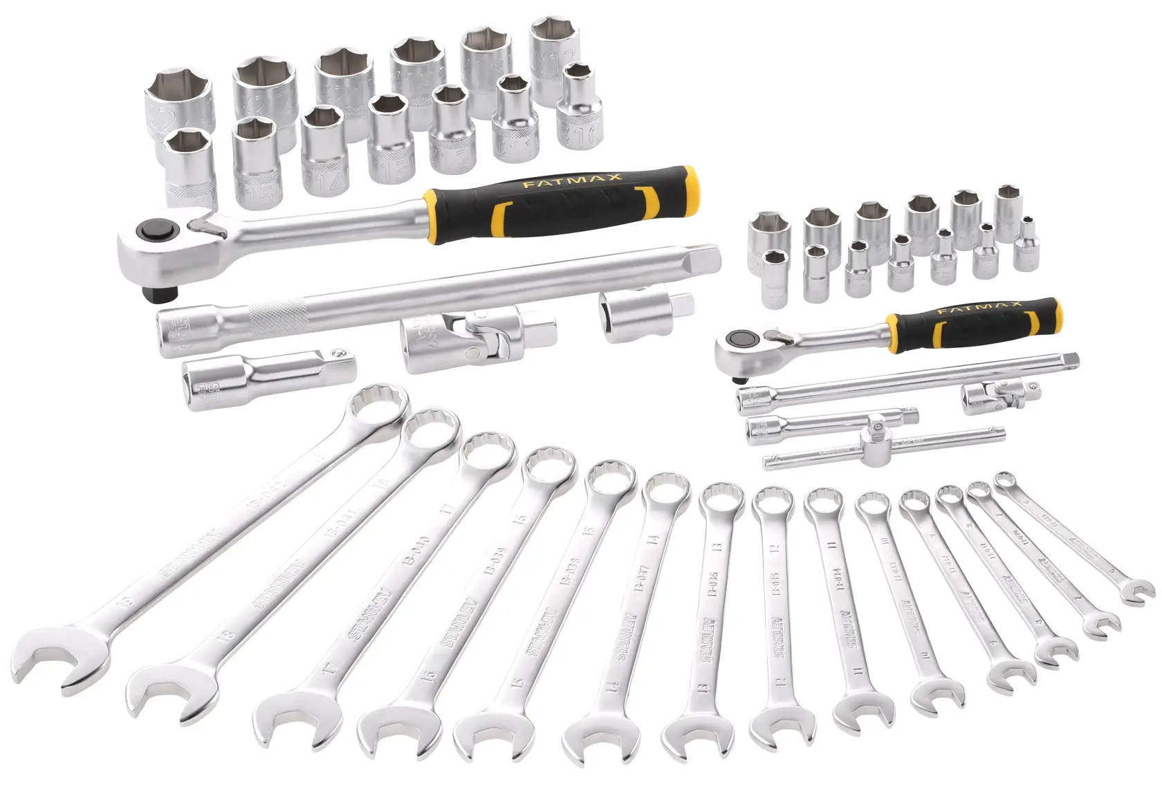 STANLEY FMMT82827-1 hand tool set with wrenches, ratchets, and sockets, photographed on white background.