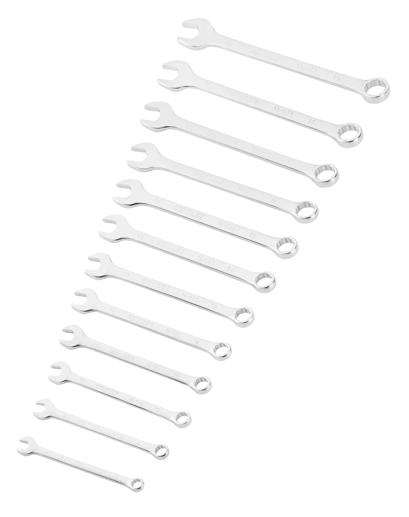 Set of twelve silver combination wrenches arranged in size order on a white background.