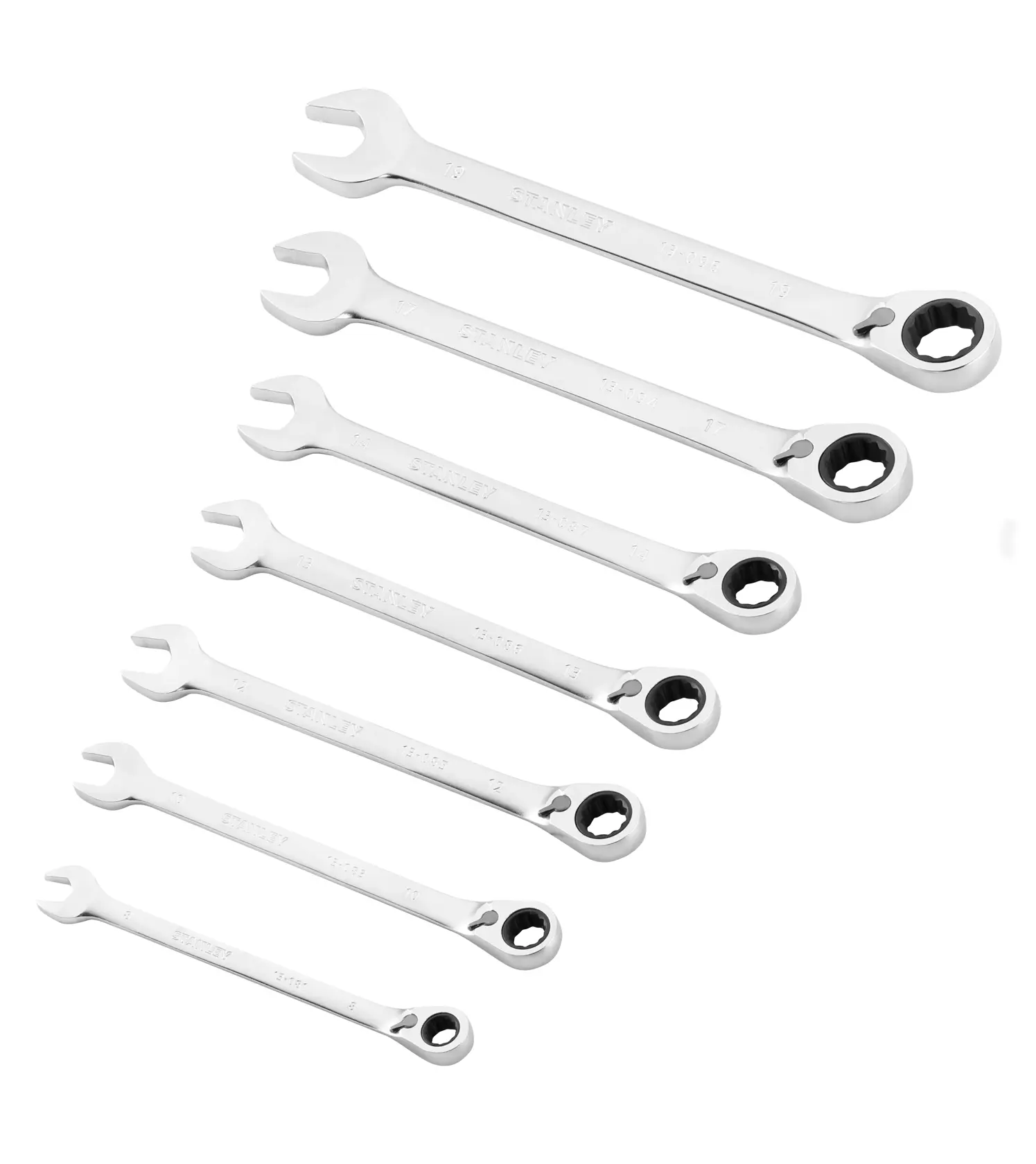 STANLEY FMMT82848-0 set of seven combination ratcheting wrenches, silver finish, photography on white background.