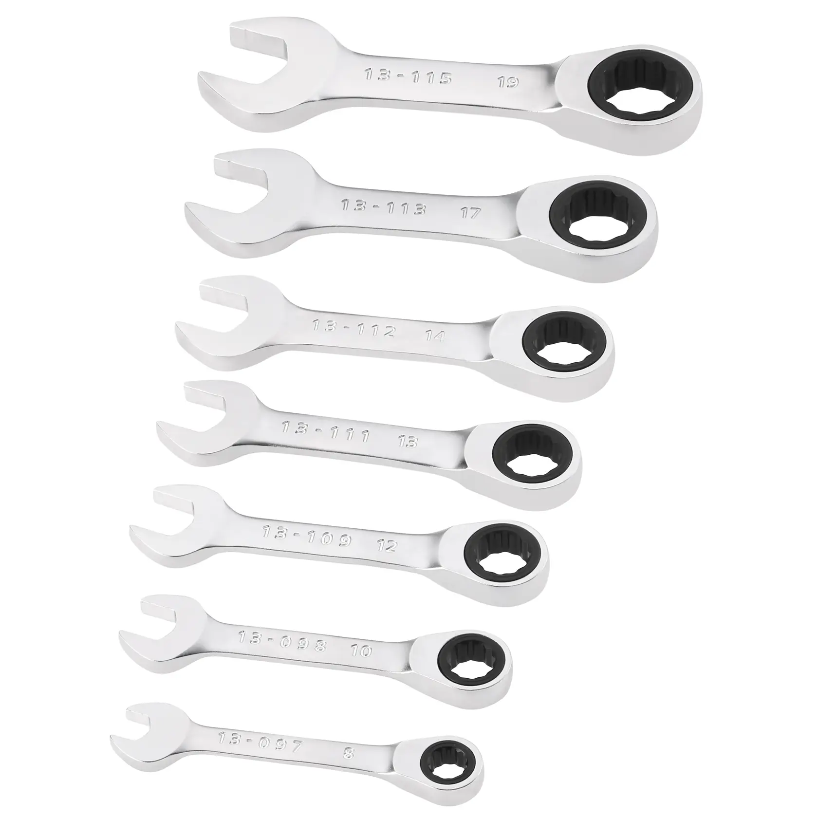 STANLEY FMMT82900-0 set of seven ratcheting combination wrenches, chrome finish, top-down angle on white background.
