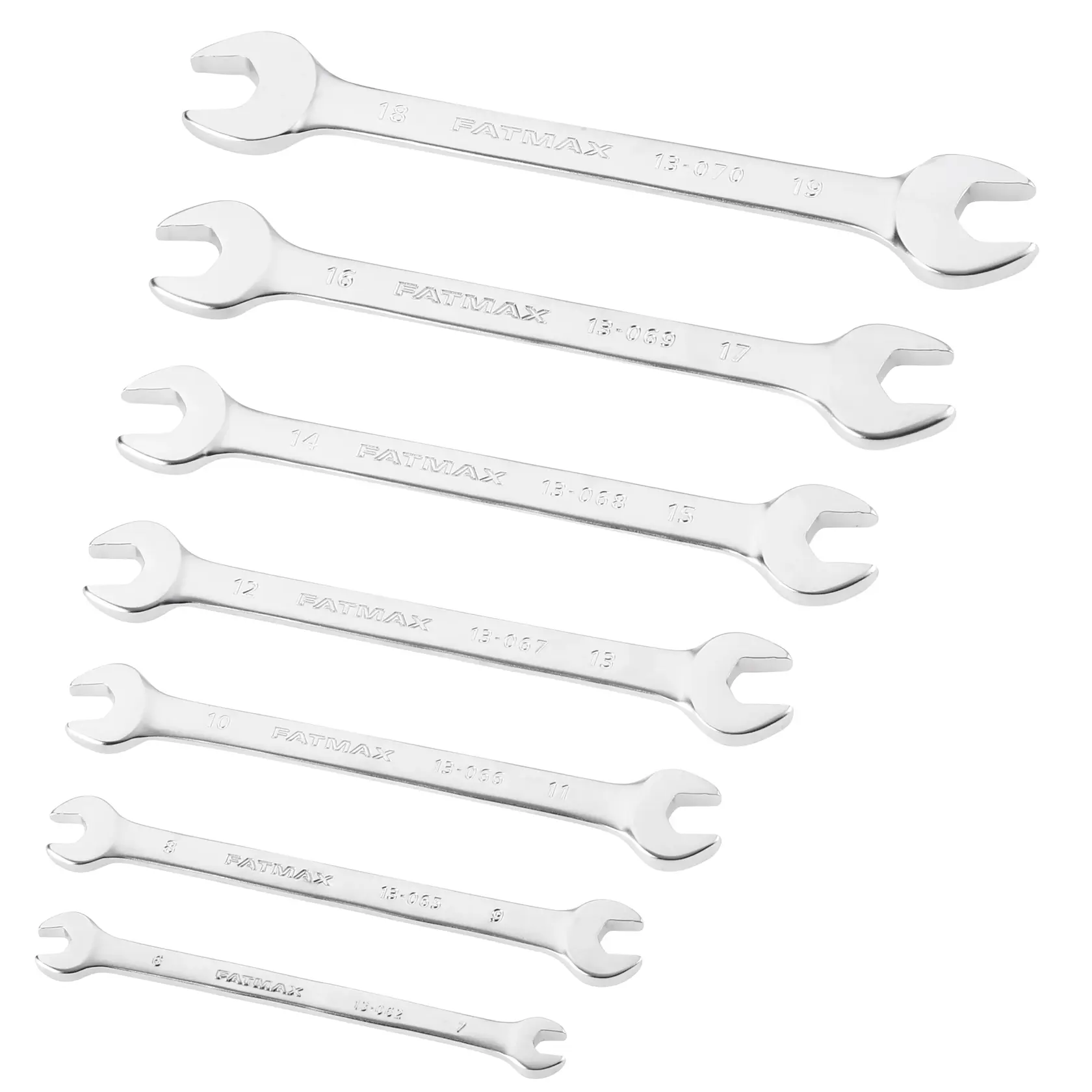 STANLEY FMMT82901-0 combination open-end wrench set, eight silver wrenches arranged diagonally, white background.