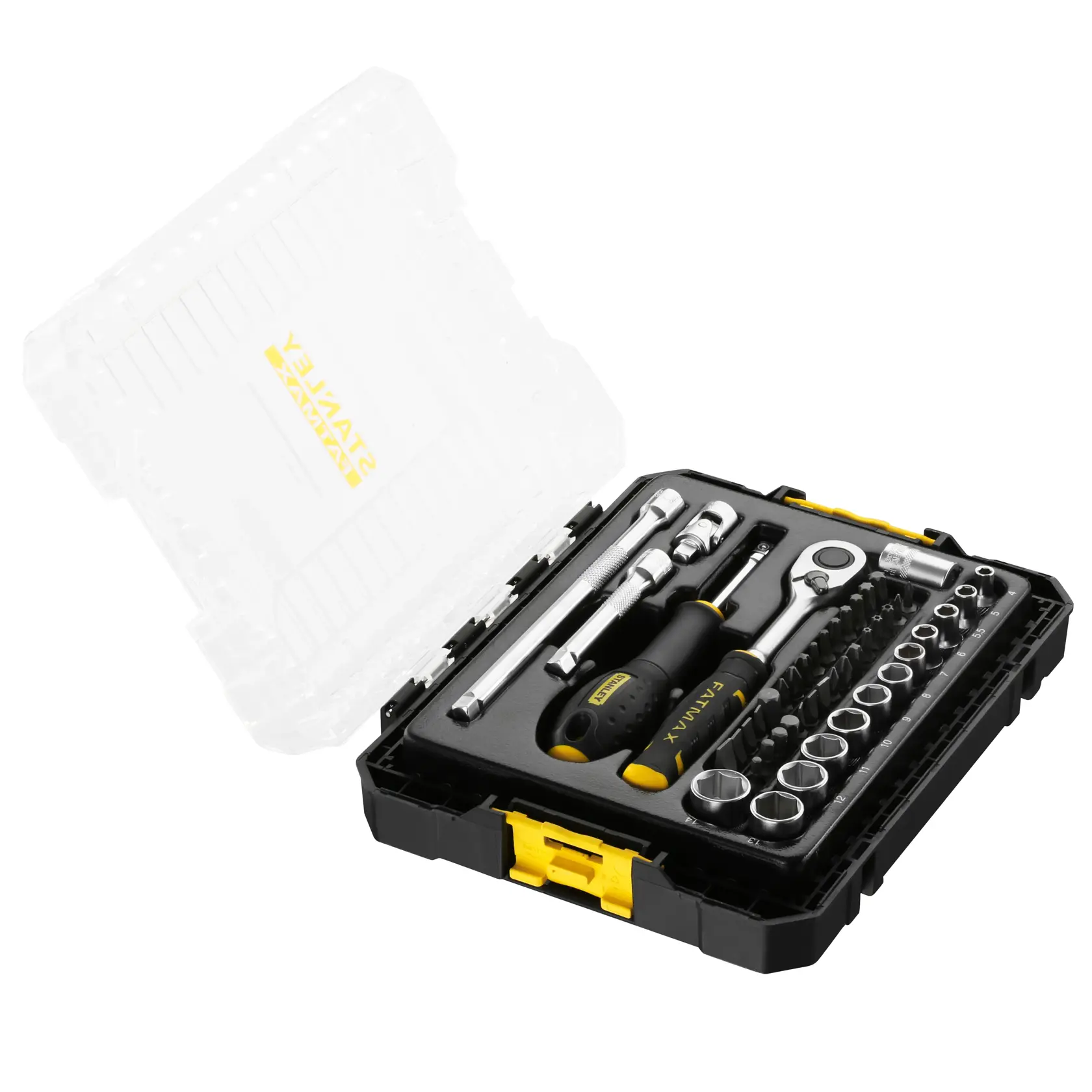 STANLEY FMMT98101-0 ratchet and screwdriver socket set in black and yellow case, angled view, photography.