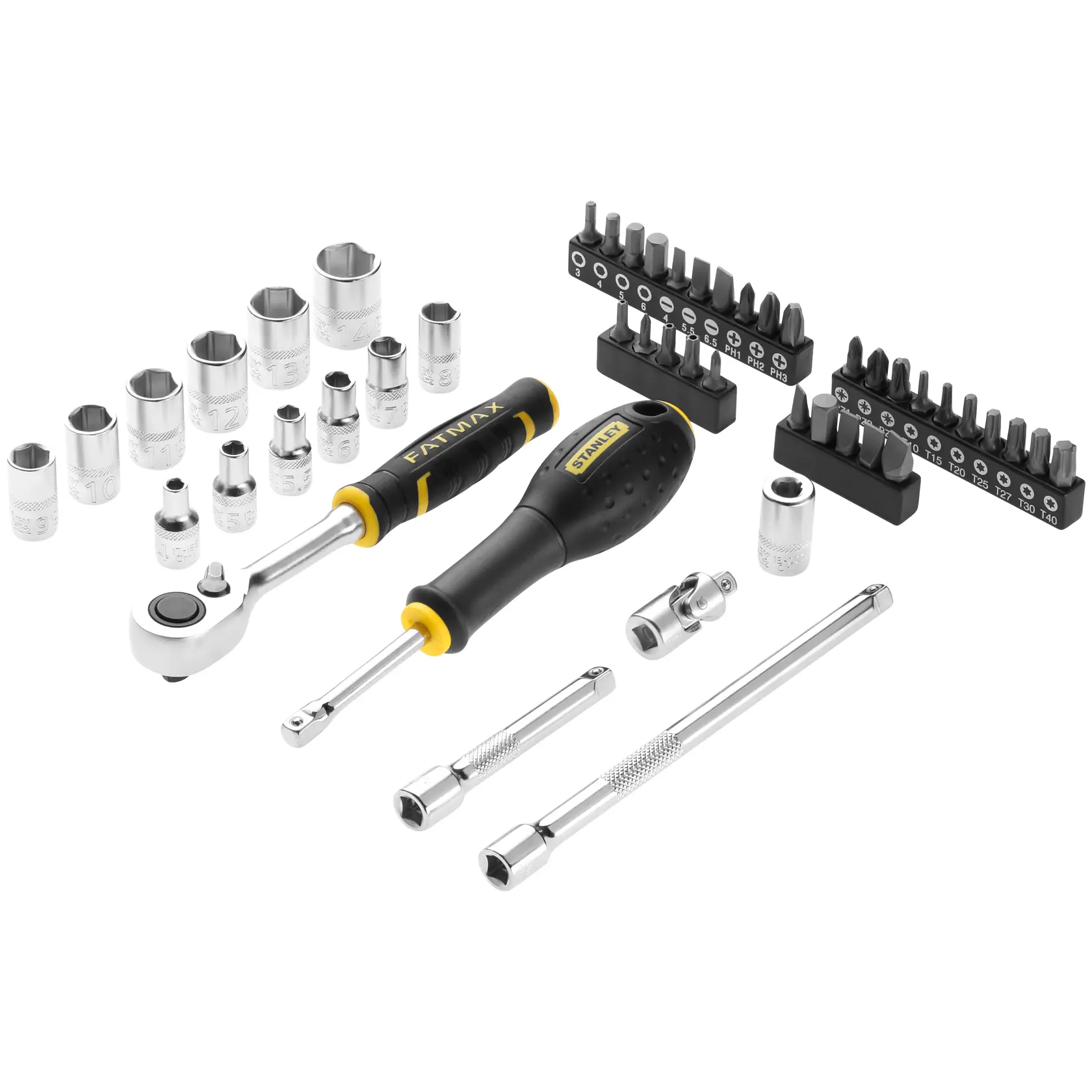 STANLEY FMMT98101-0 socket and bit set with ratcheting handle, screwdriver, sockets, bits, and extenders, top angle.