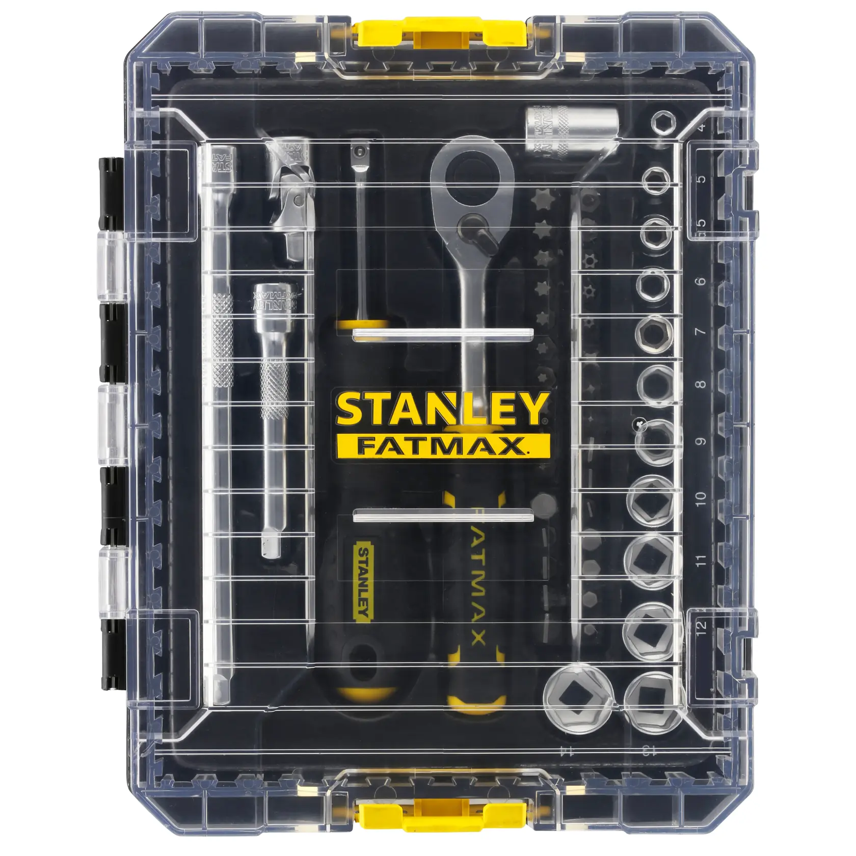 STANLEY FMMT98101-0 socket and ratchet set in transparent plastic case, top view, yellow and black accents.