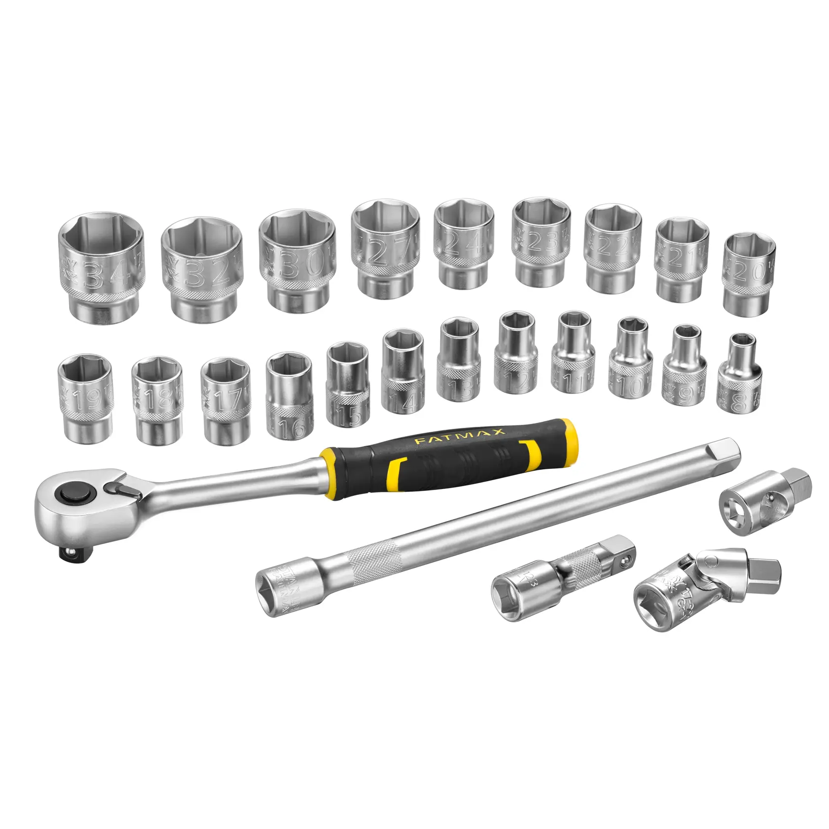 STANLEY FMMT98103-1 socket wrench set with ratchet, extension bars, adapters, and multiple sockets, flat lay on white.