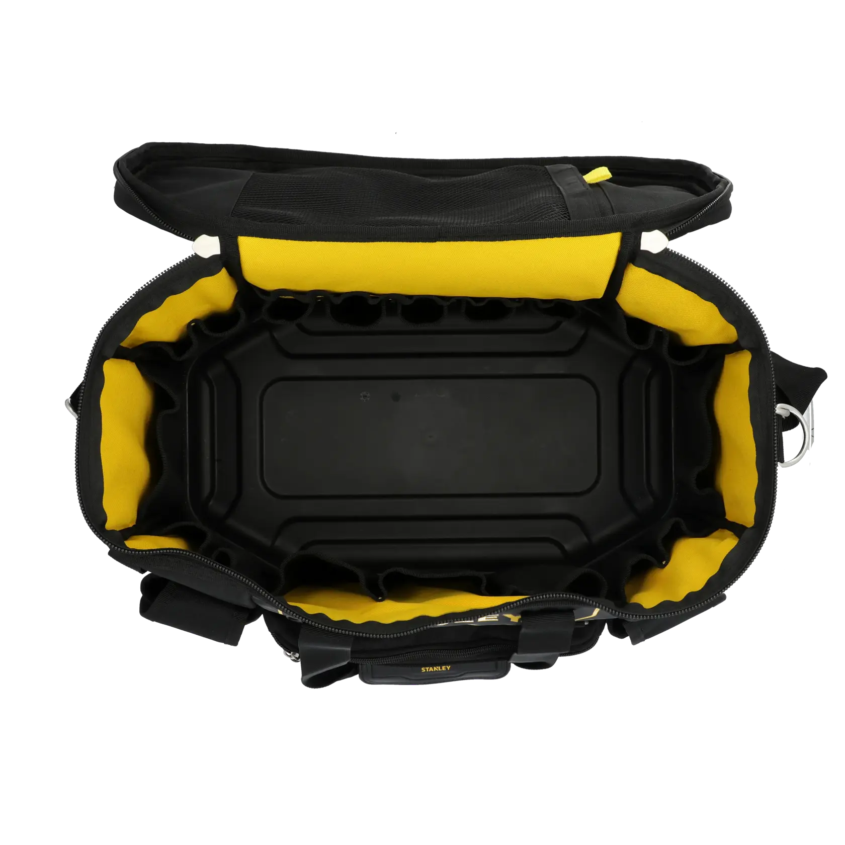 STANLEY FMST1-70749 photography of open tool bag, top view, black and yellow interior with pockets.